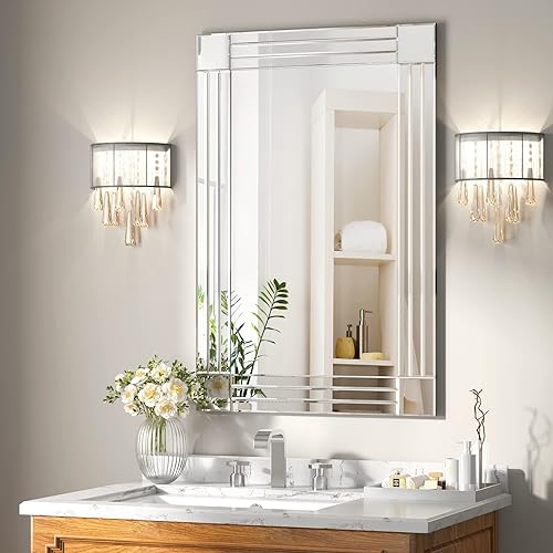 Espejo decorativo de 35 x 24 pulgadas, hermoso espejo plateado para pared, dormitorio, baño, sala de estar y comedor