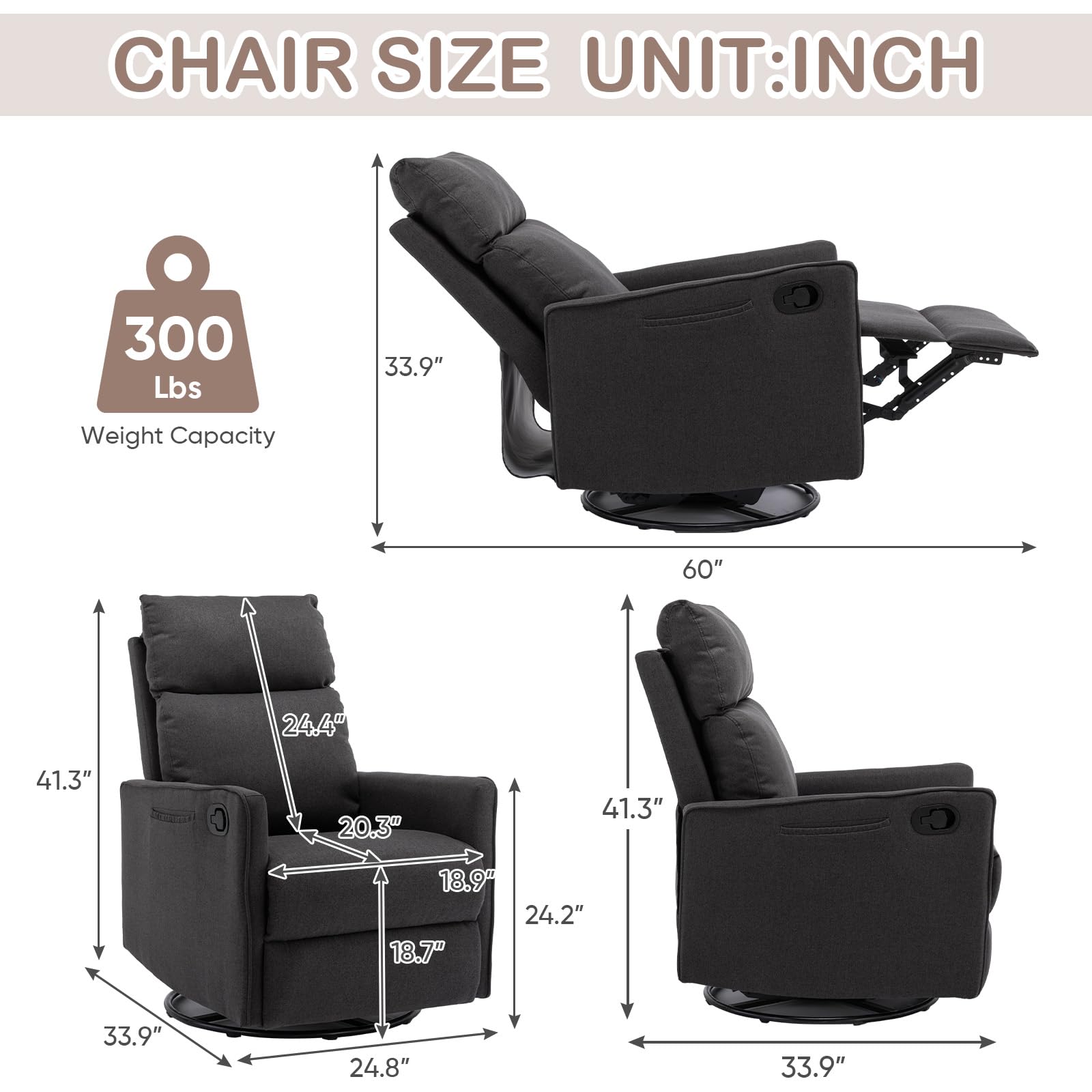 Glider Rocker Recliner Chair, 360° Swivel Linen Manual Reclining Chair for Adults, Modern Comfy Nursery Rocking Chair W/Tall Back/Footrest for Living Room, Nursery, Dark Grey