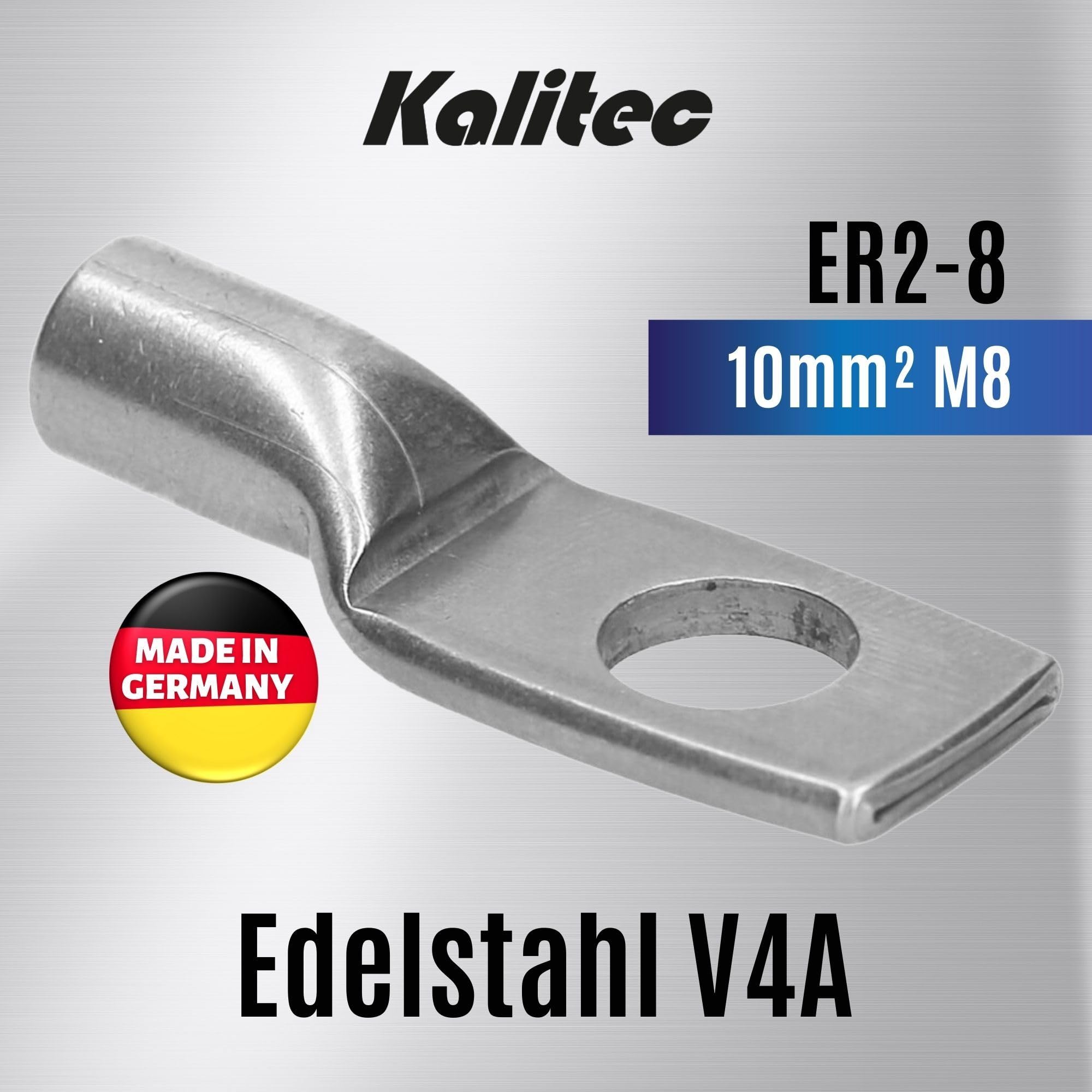 Kalitec 10x Edelstahl-Rohrkabelschuh V4A 10mm² M8 - Kabelschuh Rostfrei | Unisolierte Ringkabelschuhe für Kfz, Boote & Marine - Hochfeste Presskabelschuhe für stabile elektrische Verbindungen