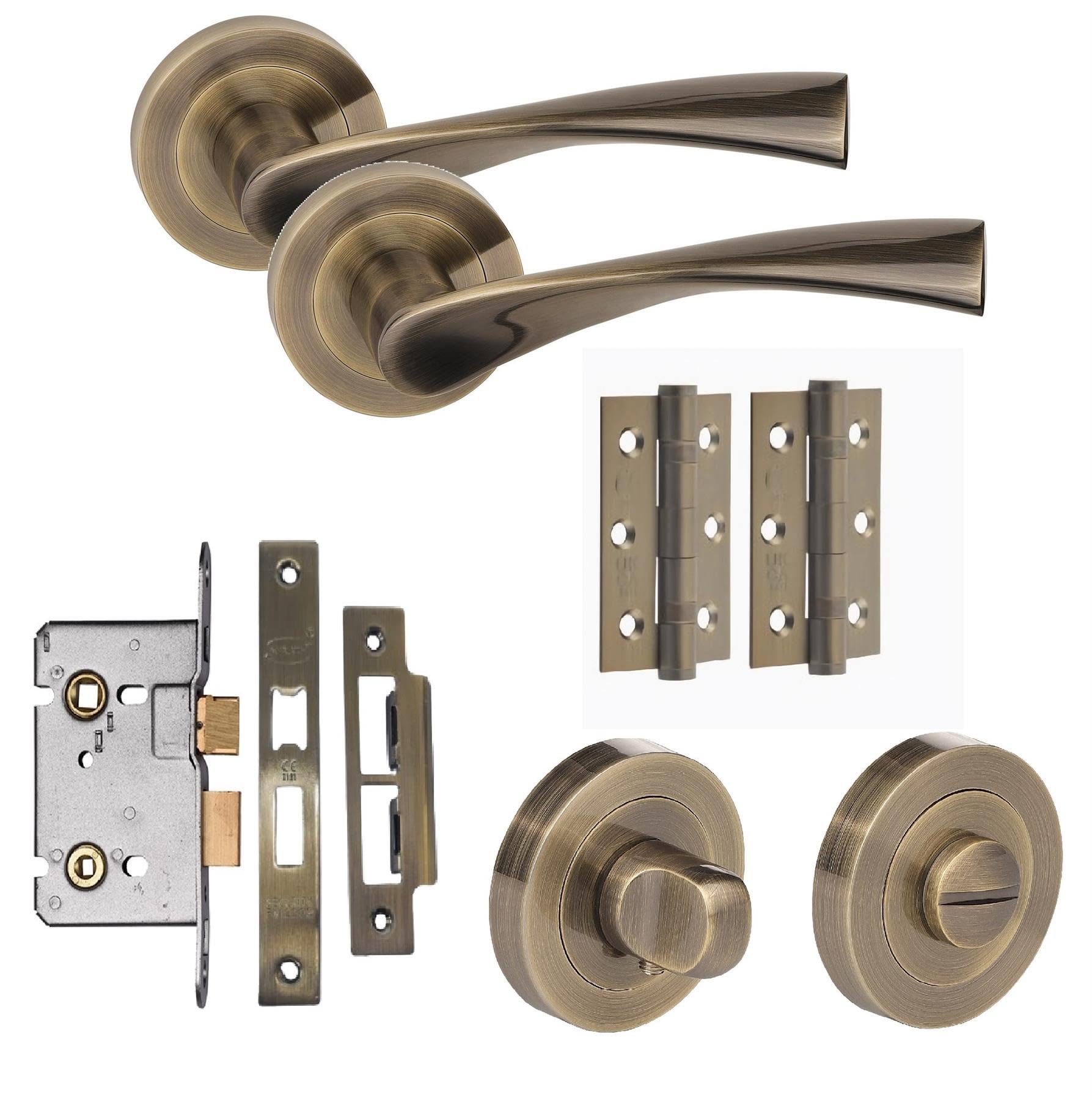Golden Grace Antique Brass Astrid Design Bathroom Door Handles Set In Finish With Thumbturn & Mortise Lock