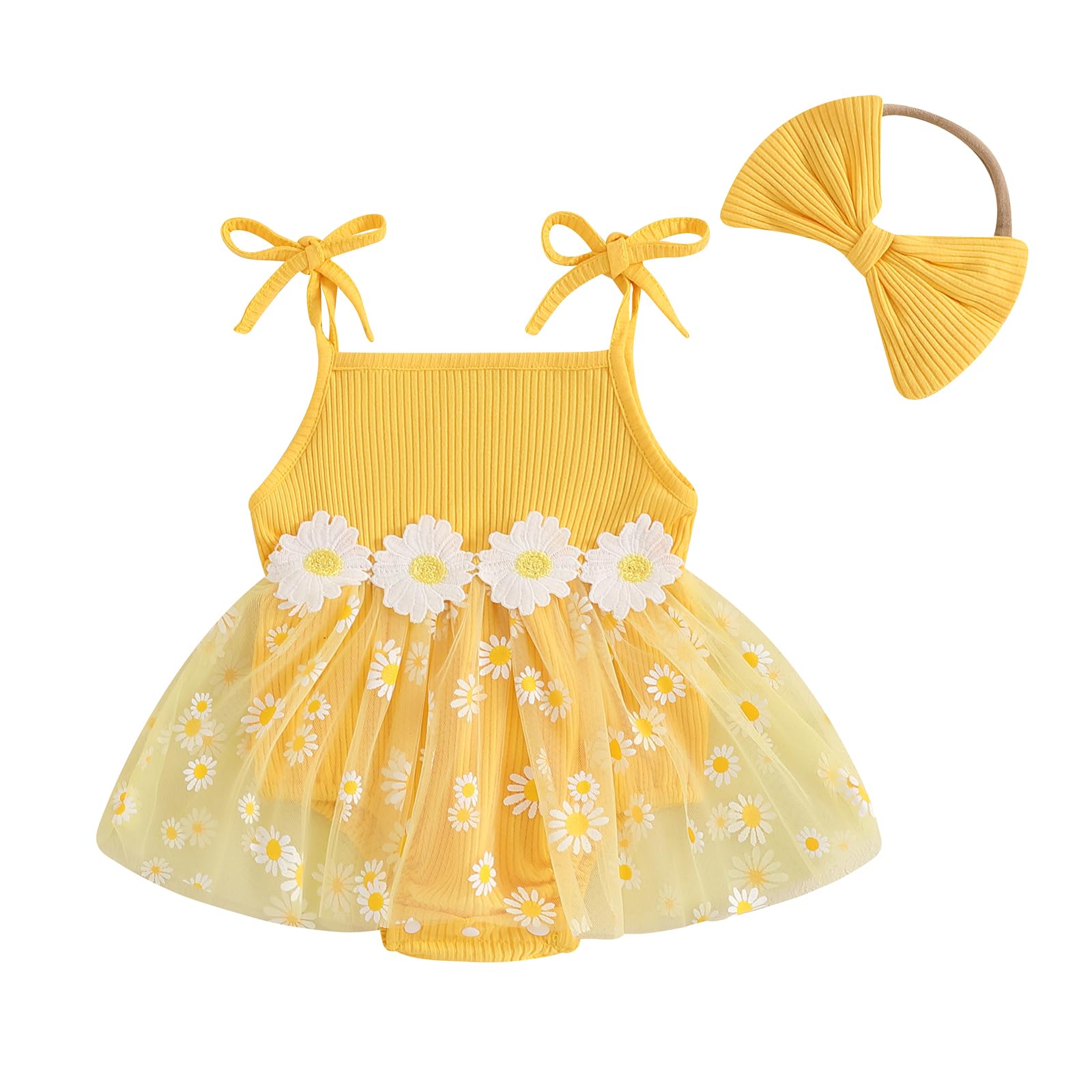 Newborn Baby Girl Cute Outfit Sleeveless Flower Print Tulle Patchwork Romper Dress with Bowknot Hairband (Yellow, 0-3 Months)