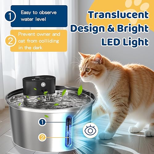 Miniatura 5 de Fuente de agua para gatos, dispensador de acero inoxidable inalámbrico para mascotas, fuente para beber en el interior, fuente automática de 108