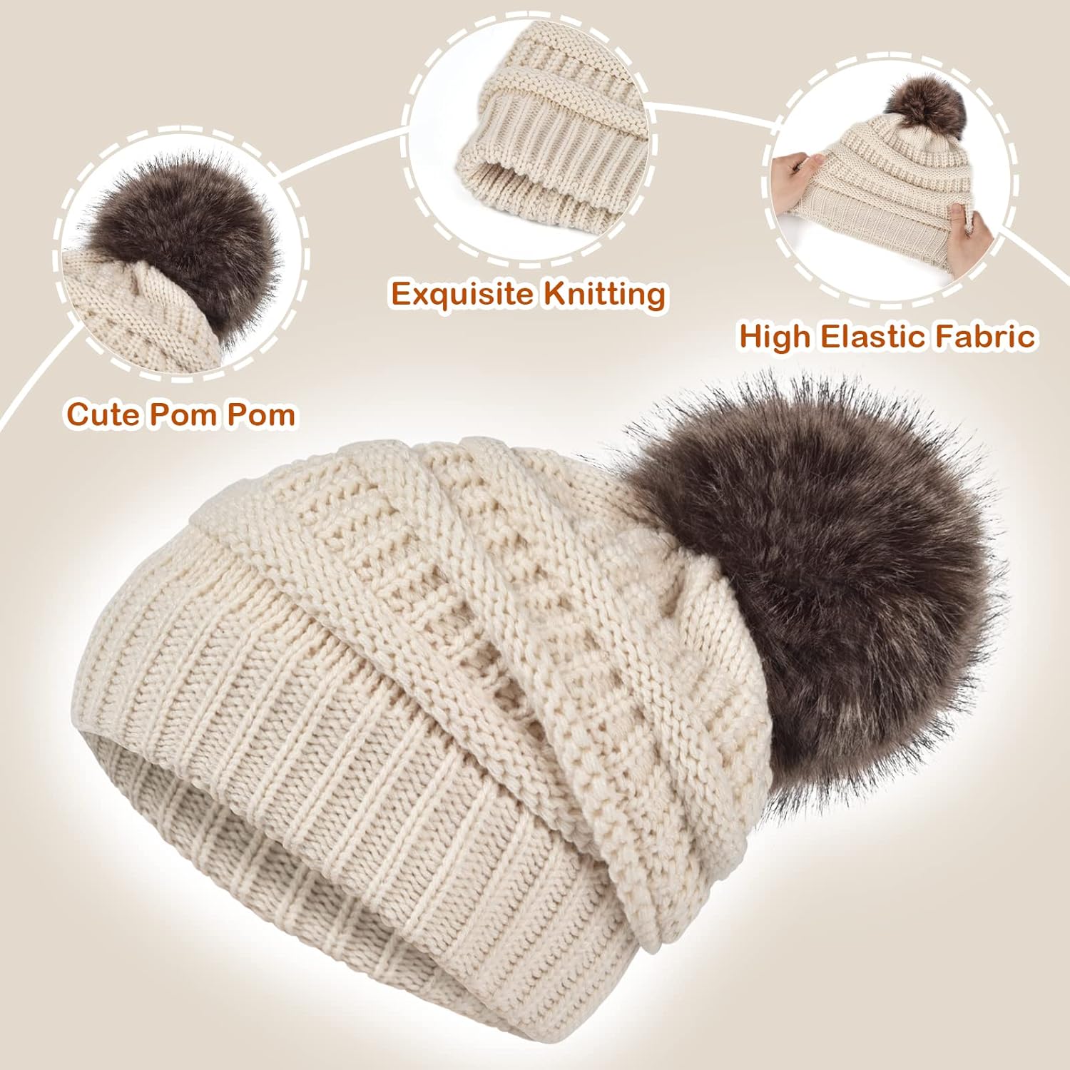 Slouchy Beanie Hat Gloves Set Women Winter Knit Warm Fleece Lined Cap with Cute Pom - Image 2