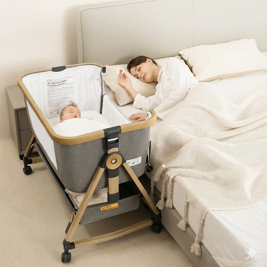 Maydolly Beistellbett 3 in 1 Lettino Portatile per Bambini con Rete Traspirante e Lenzuolo, Carrozzina Regolabile Lettino. (grigio)