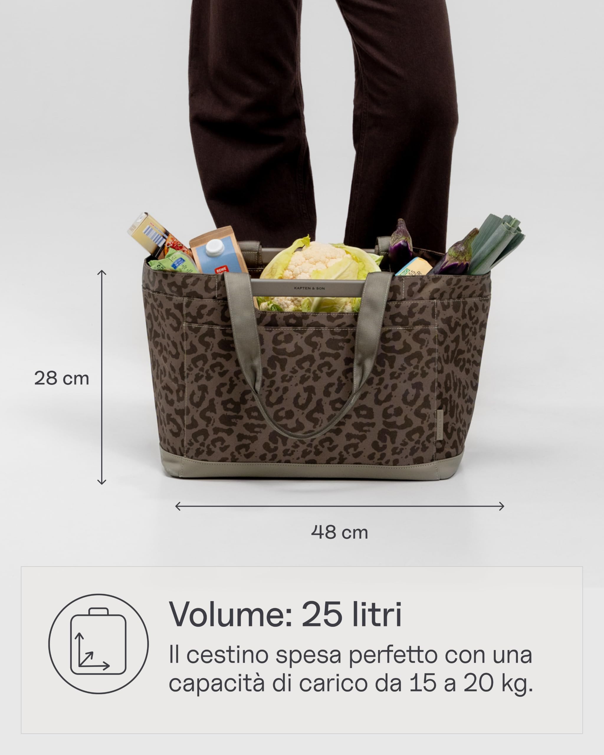 Kapten & Son Vaasa Borsa spesa pieghevole leo marrone 25 L | Cestino della spesa resistente | Chip per carrello della spesa e scomparto magnetico inclusi | Interno lavabile con un panno