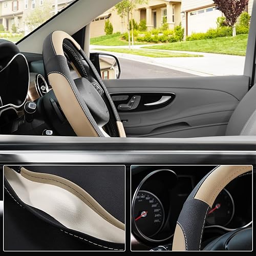 Miniatura 3 de SEG Direct Funda universal para volante de automóvil, de 14.5 a 15 pulgadas, tamaño estándar, piel de microfibra, color negro y beige