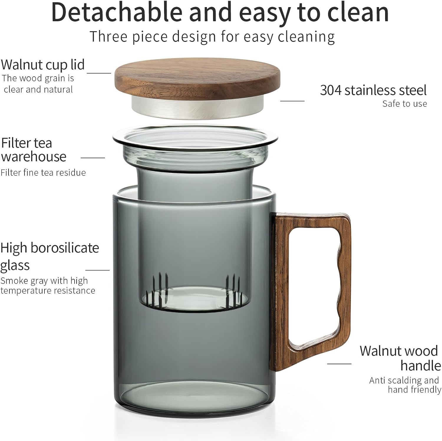 Glass Tea Cup with Infuser and Lid, 13.5 oz/400 ml,Black Borosilicate Glass Tea Mugs for Loose Leaf Tea, Wooden Handle Teacup, Ideal Gift, Clear