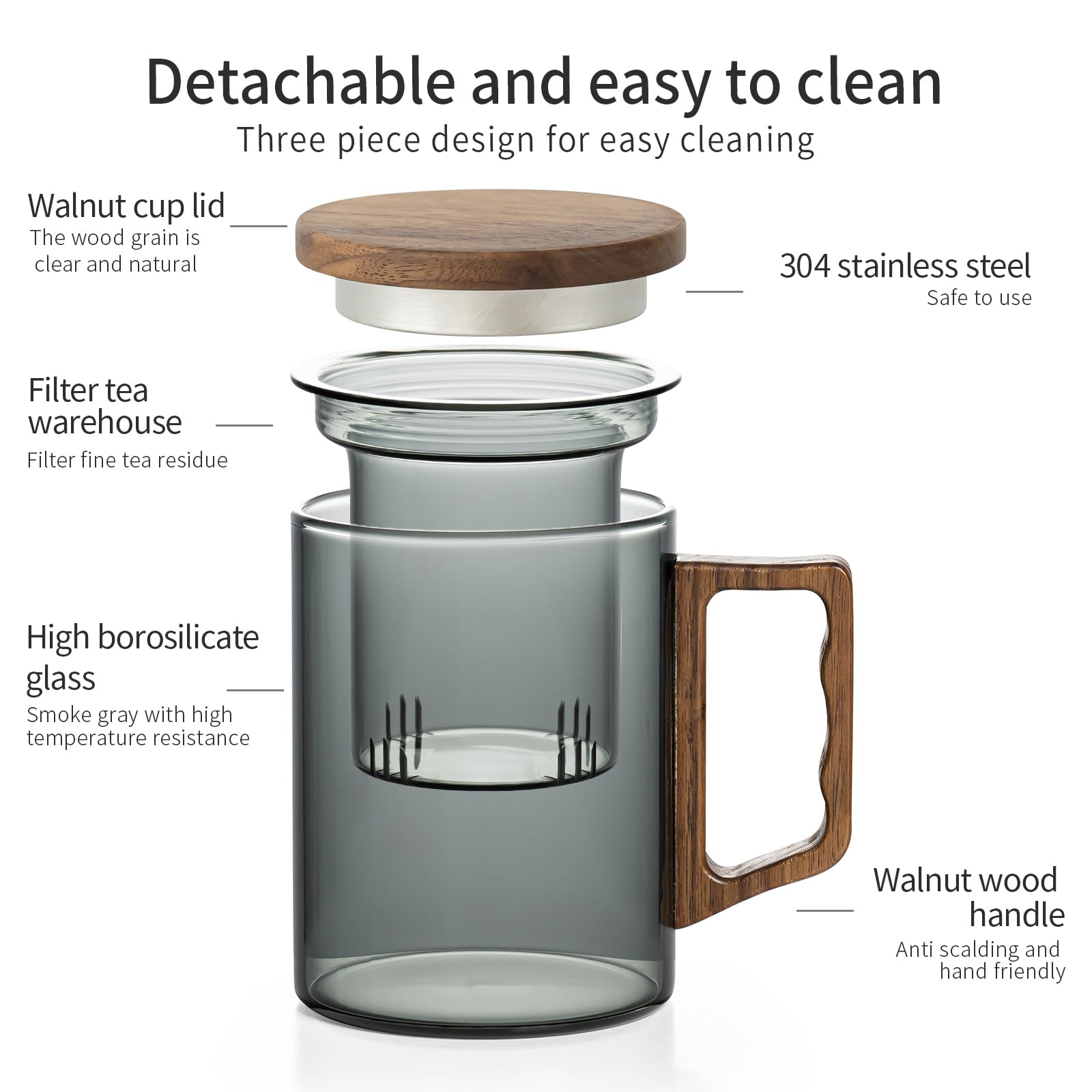 Tasse à thé en verre avec infuseur et couvercle, 400 ml, tasse à thé en verre borosilicate noir pour thé en vrac, tasse à thé avec poignée en bois, cadeau idéal