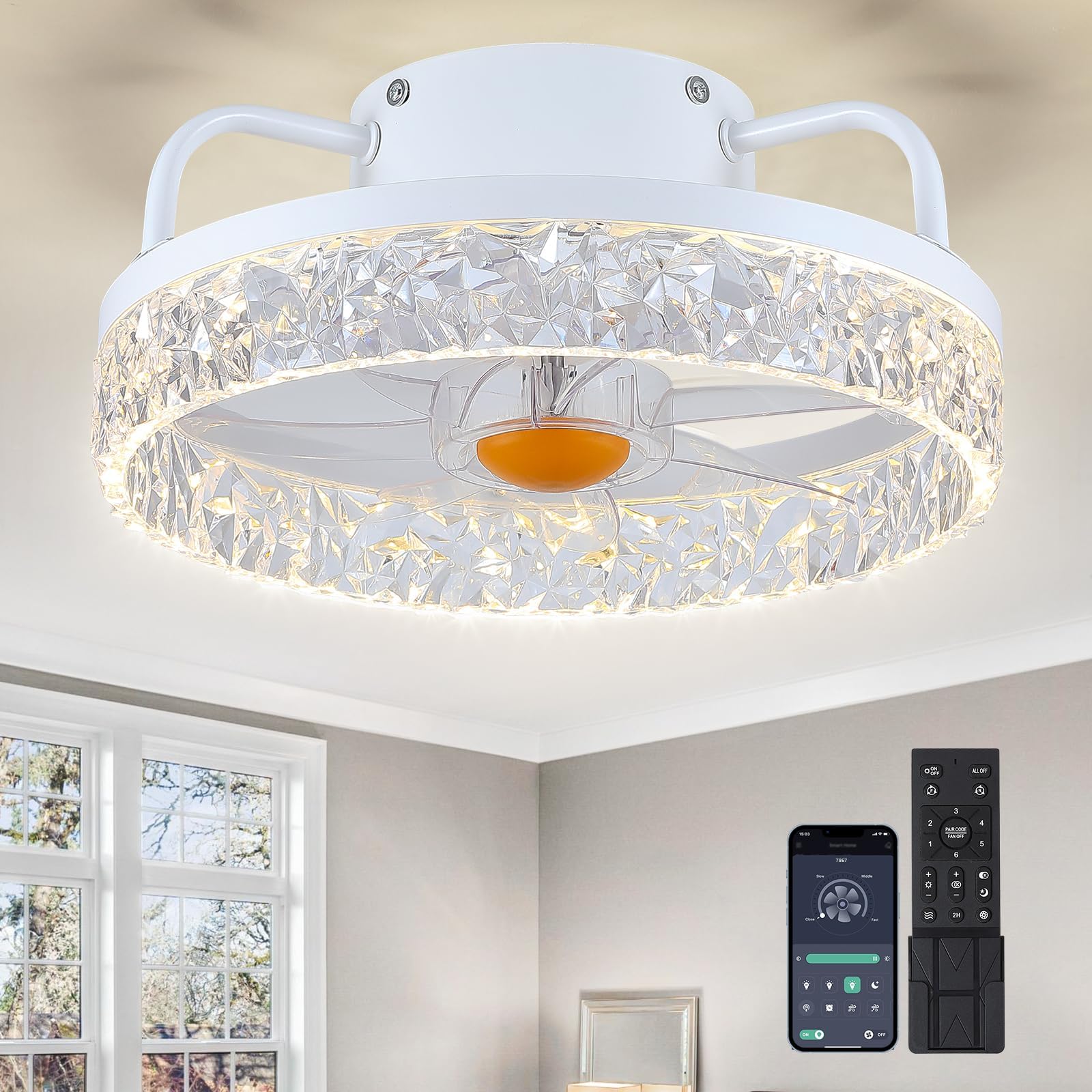 BYKISTOK 13In Flush Mount Ceiling Fans - White Bladeless Ceiling Fan with Lights and Remote Control, 3CCT Dimmable and Reversible, Small Low Profile Ceiling Fan Light for Modern Indoor Bedroom