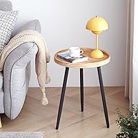 Vista 9 de LITA Mesa auxiliar redonda de escritorio de troncos, bandeja de madera para interiores y exteriores, mesa de noche con soporte de metal para sala