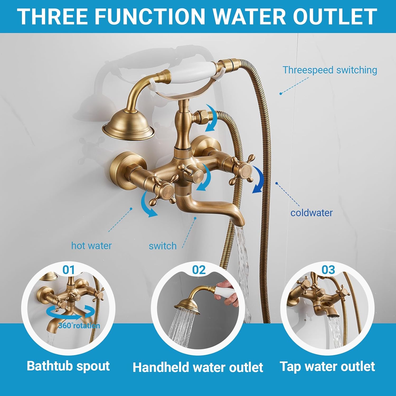 Clawfoot Tub Faucet with Hand Held Bathtub Faucet, Tub Shower Kit Victorian Double Cross Handle, 6 Inch Center Adjustable Swing Arms Tub Mount Short Adapter Antique Brass (Brushed Nickel)