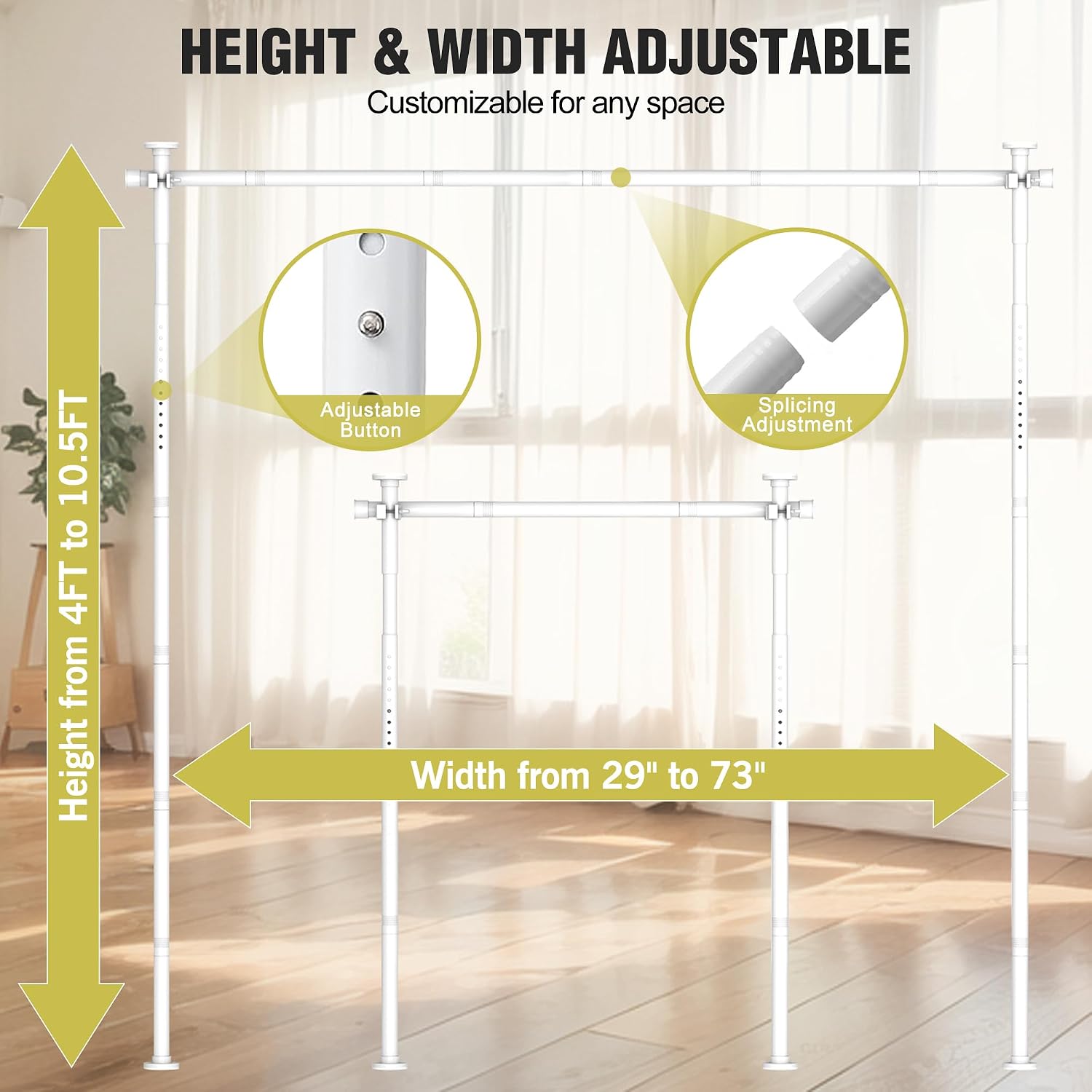 Room Divider, No Drilling Curtain Rod for Room Separation, 4-10ft(H) 29-73"(W) Adjustable Wall Divider, Heavy Duty Floor to Ceiling Tension Rod Space Partition Privacy Separator for Dorm Office, White White W: 29"-73"