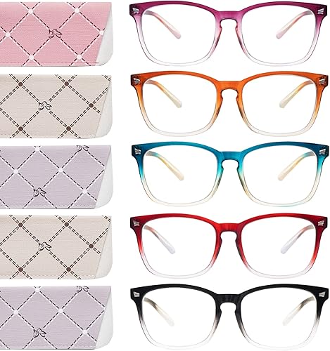 Paquete de 5 lentes de lectura de moda para mujer, marco cuadrado, bloqueo de luz azul, anti UV, lentes de bisagra de resorte