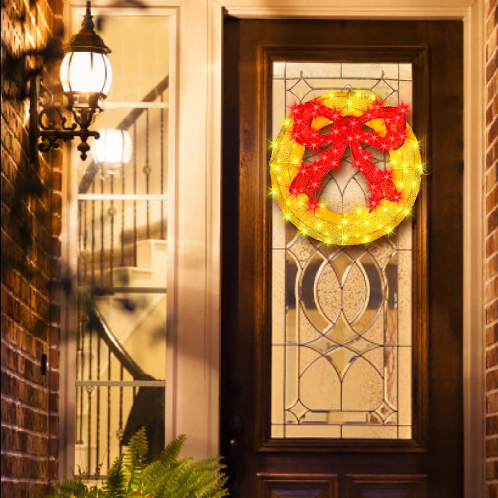Couronne de Noël extérieure – Couronne de Noël lumineuse à DEL de 61 cm avec nœud, grande couronne de Noël éclairée, lumières de fenêtre pour mur, fenêtres, décoration de porte d'entrée, nœud rouge,