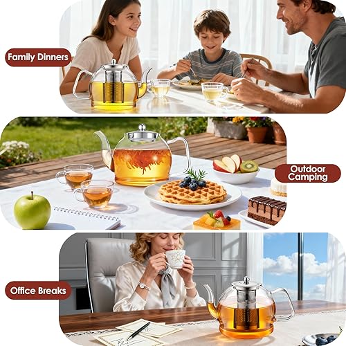 Miniatura 7 de Tetera de vidrio de 60.9 fl oz con infusor, tetera grande segura para estufas, tetera de vidrio de borosilicato hecha a mano, tetera de hojas