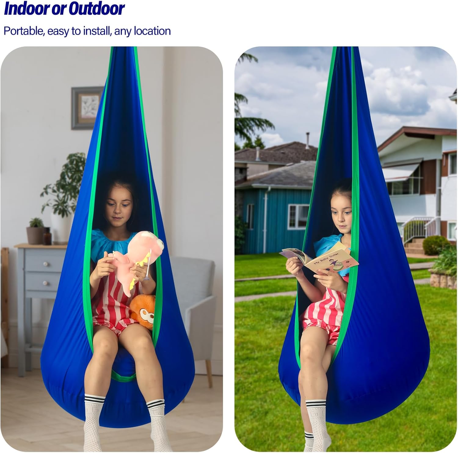 Kids Pod Swing Seat, Max 300 Lbs, Child Sensory Swing Chair Indoor & Outdoor Therapy Hammock Chair with Hanger Kit for Calming, Effect for Autism, ADHD or SPD. (Blue) - Image 7