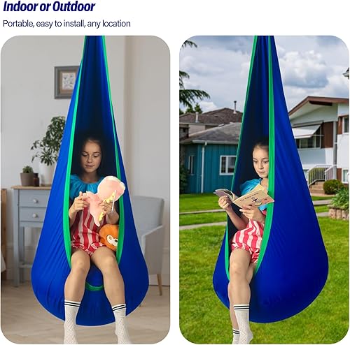 Miniatura 7 de Asiento columpio para niños, máximo 300 libras, silla giratoria sensorial para niños para interiores y exteriores, silla hamaca con kit de colgador