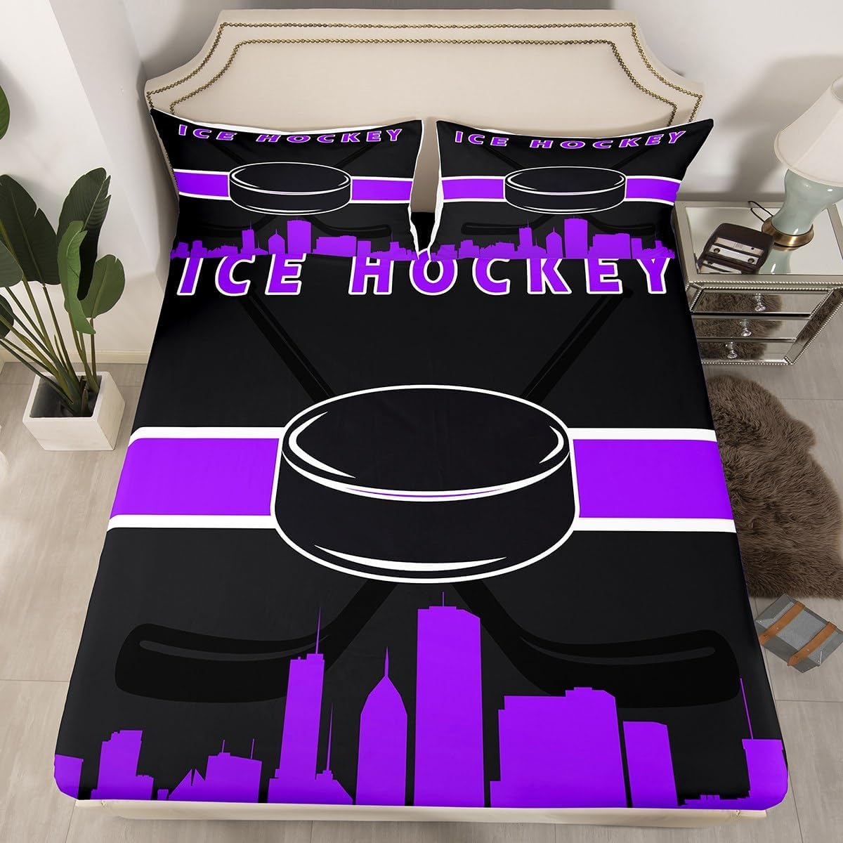 Erosebridal Little Boys Twin Fitted Sheet Ice Hockey Sheets for Toddler Kids, Sports Gamer Bed Sheets Video Game Gaming Bed Cover, Black Purple