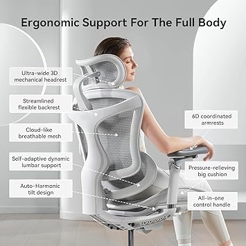 كرسي مكتب مريح SIHOO Doro C300 Pro مع مساند أذرع فائقة النعومة 6D، ودعم قطني ديناميكي، وتعديل عمق المقعد، ومسند ظهر قابل للتعديل، وكرسي مكتب كبير وطويل للمكتب المنزلي (رمادي)
