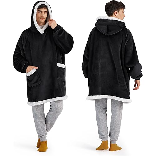 Bedsure Blanket Hoodie, Wearable Blanket Hoodie as Gifts for Mom, Birthday Gifts for Women Kids Teens Sherpa Sweatshirt, Black, Oversize