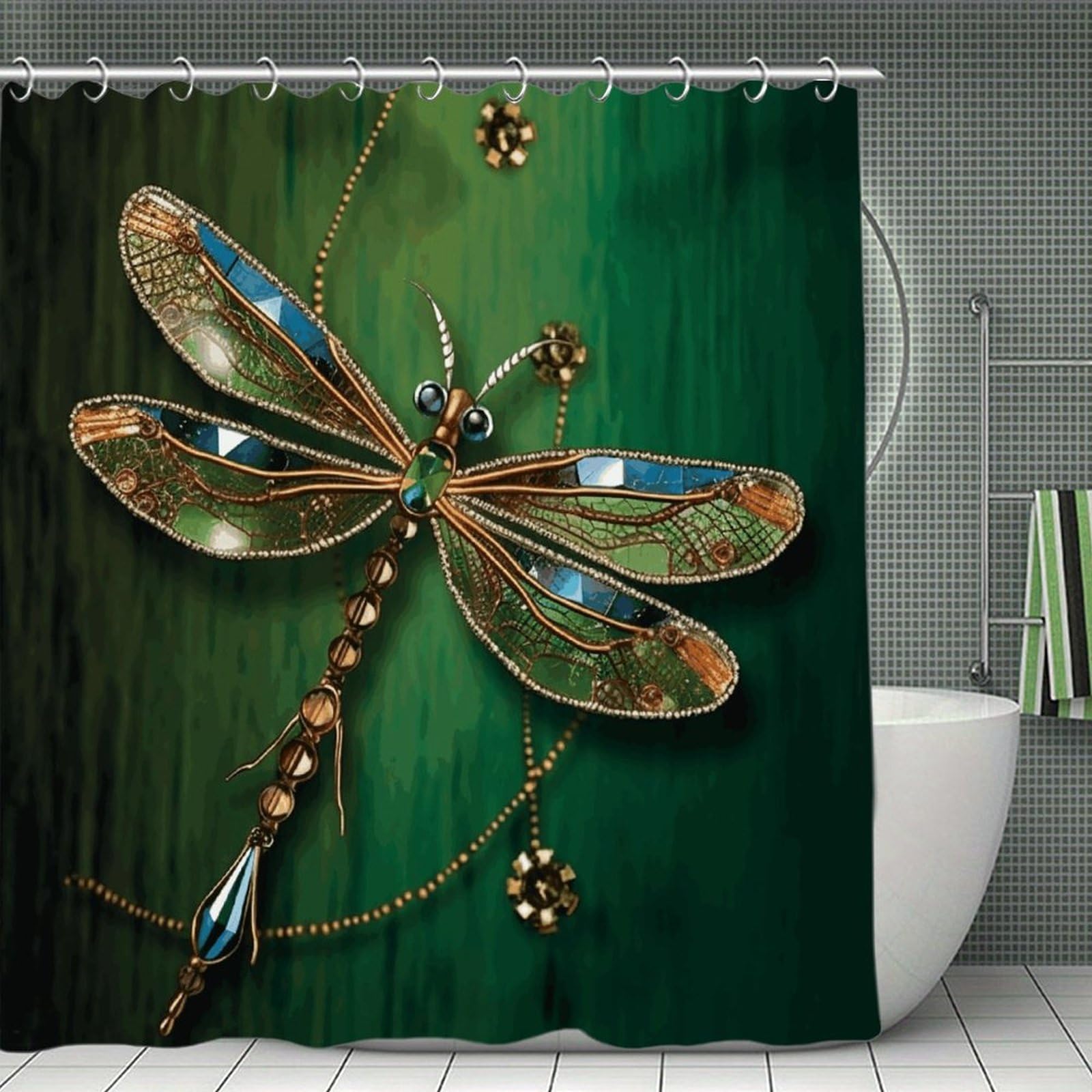 VstaDank Jewel Dragonfly Shower Curtain Waterproof Bathroom Curtain with Hooks Luxury Weighted Bath Curtains for Bathtubs Showers Room Dividers Decorative Shower Curtains 71x71 in