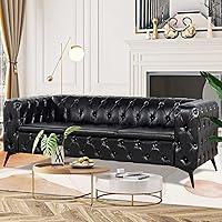 Vista 3 de Sofás negros para sala de estar, moderno sofá Chesterfield copetudo, asiento profundo, cómodo sofá de piel sintética, brazos enrollados plisados
