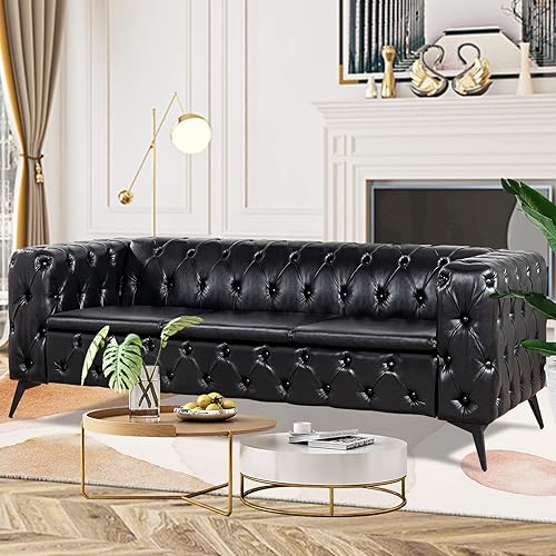 Miniatura 3 de Vaztrlus Sofás negros para sala de estar, moderno sofá Chesterfield copetudo, asiento profundo, cómodo sofá de piel sintética, brazos enrollados
