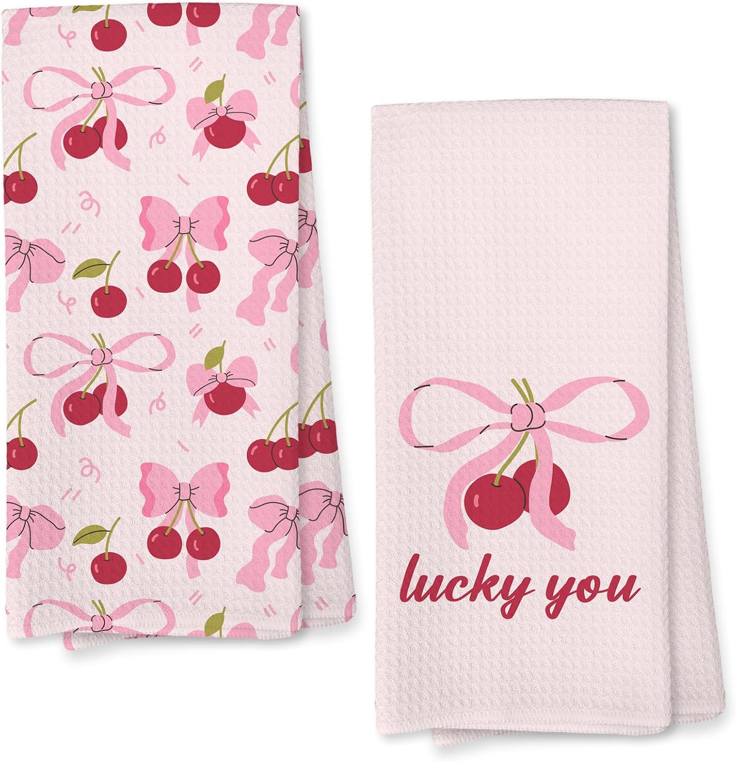 Giosve Pink Bow Cherry Kitchen Towels, Coquette Preppy Bow Decorative Hand Towels for Bathroom, Pink Cherry Dish Tea Towel for Kitchen Decor, Coquette Girly Bathroom Decor, 16x24 Inch Set of 2