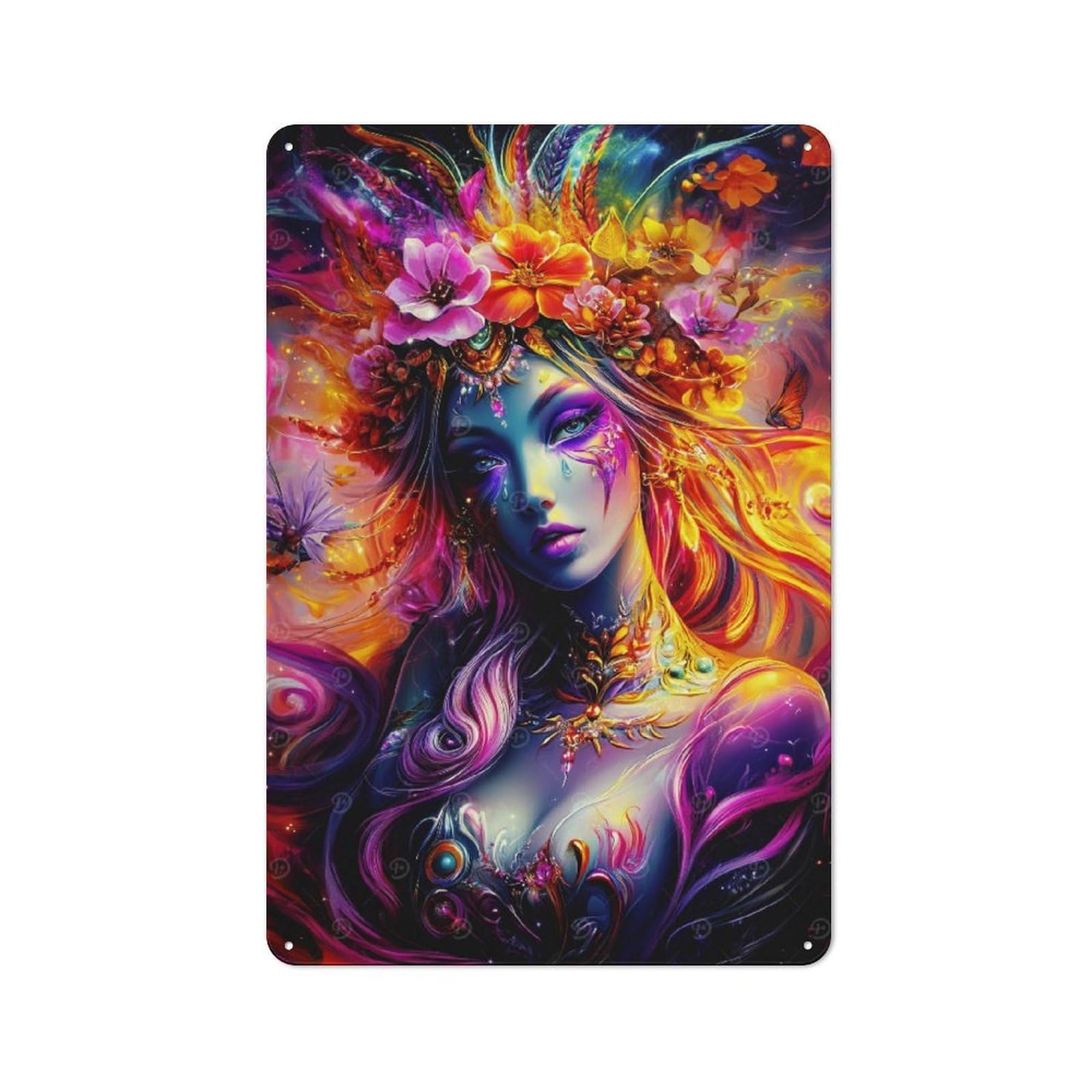 Fantasy Woman with Flowers Metal Wall Sign 30x20cm, Rustic Decor for Garage Wall, for People Furnishing A Garage