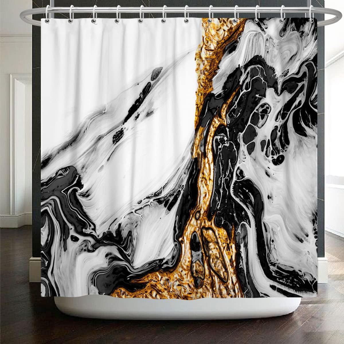 White Black Abstract Marble Stone Fabric Shower Curtain Ink Painting Gold Sand Waterproof Cloth Shower Curtains for Bathroom Modern Watercolor Decoration with Hooks 72x72 inches