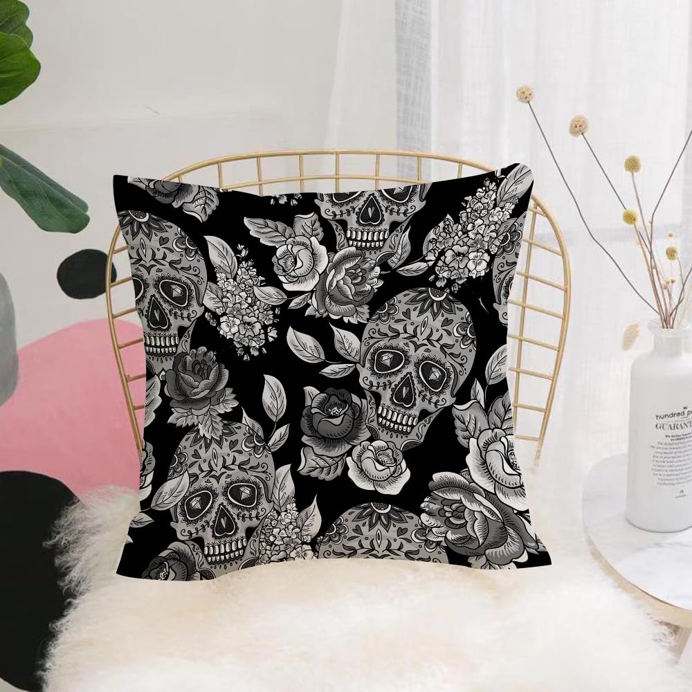 Hyosxw Skull And Flowers Monochrome Background Day - A1 Cushion Cover,Throw Pillow Case Home Decorative For Living Room Bedroom Sofa Chair 18X18 Inch,Skull And Flowers Monochrome Background Day Of The Dead,Pillowcase 45X45cm