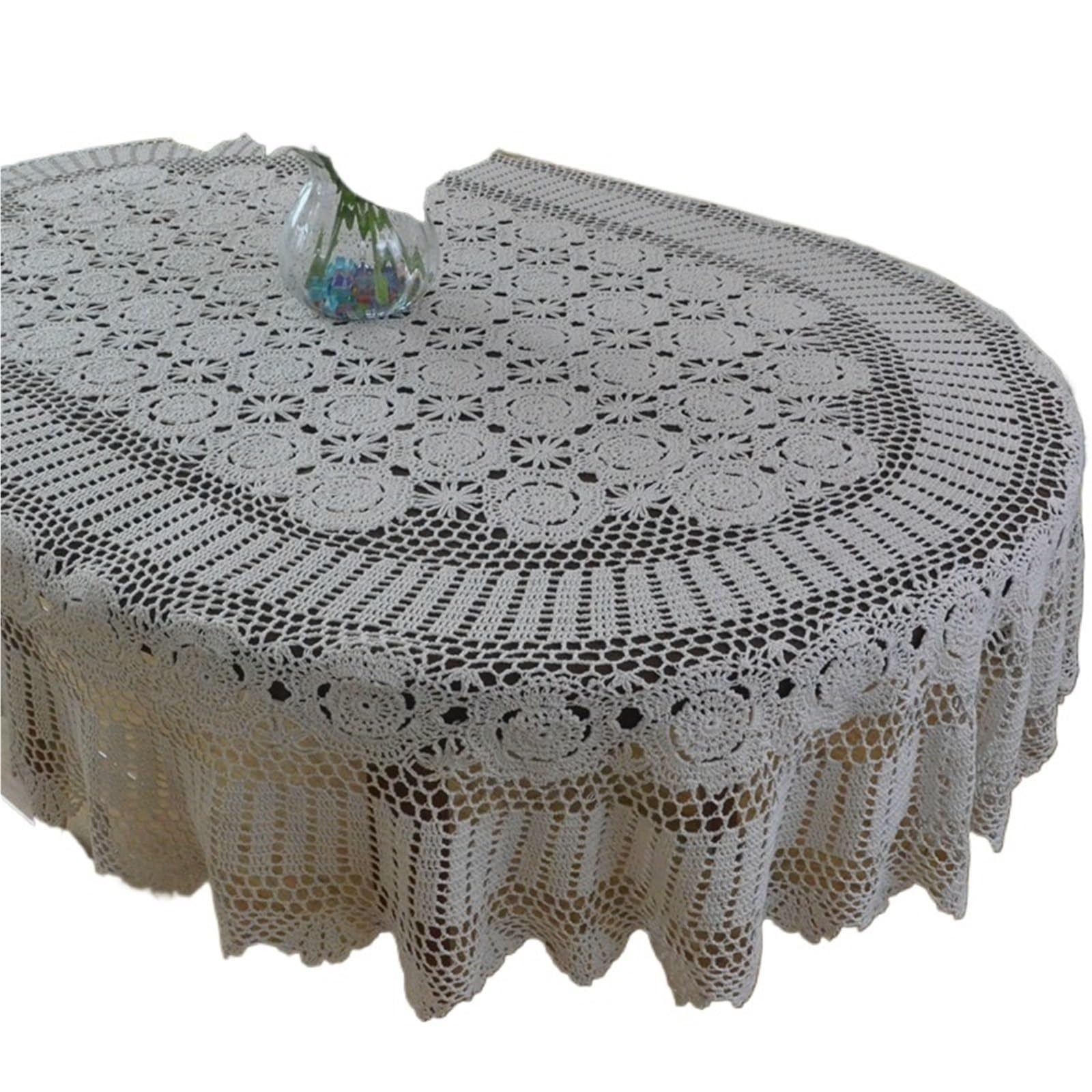 HYFEUOKF Lace Tablecloth Handmade Crochet Table Cloth Oval Dinner Crocheted Cotton Extra Long Cover(White,140x200cm)