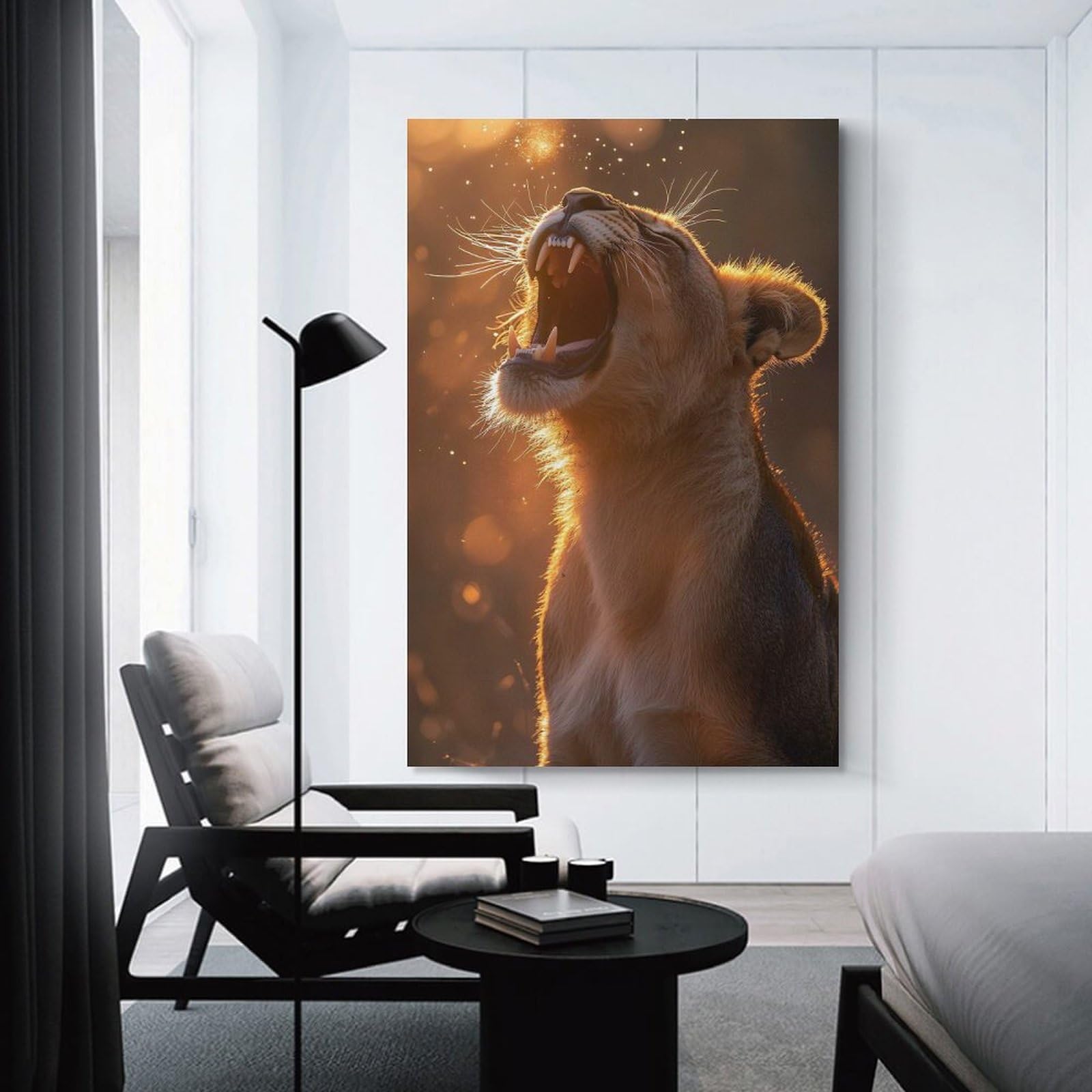 Junmoney Unframe-Style-8-1 Roaring Lioness In Golden Light Room Decor Wall Art, 24X36inch(60X90cm), For Entrance Spaces, Stair Walls Or Halls, A Stylish Accent For Home Entrances