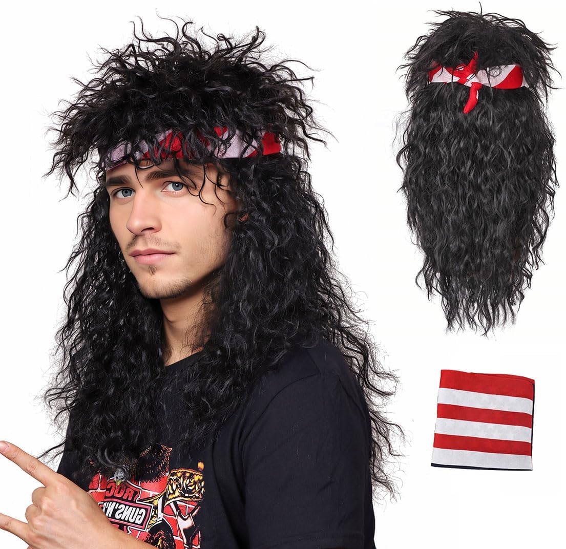 80s Wig with Bandana for Men Long Curly Black Rocker cosplay wig for Halloween