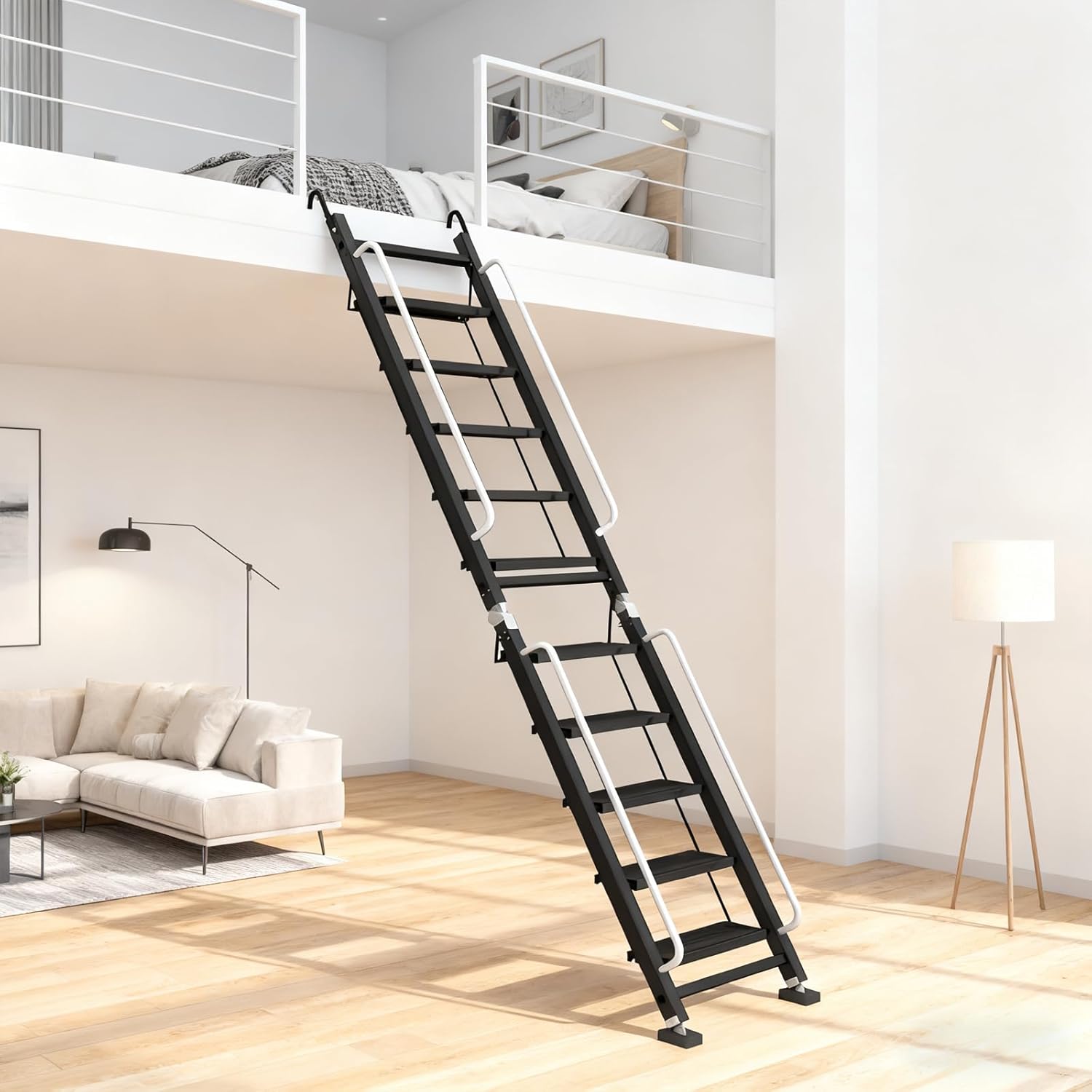 Foldable Aluminum Loft Stairs Ladder, 8 Step Folding Bunk Bed Ladders with Handrails, Portable Anti-Slip Egress Attic Ladders, Floor-Mounted Metal Roof Access Step Ladder for Dorm RV Home Attic Stair