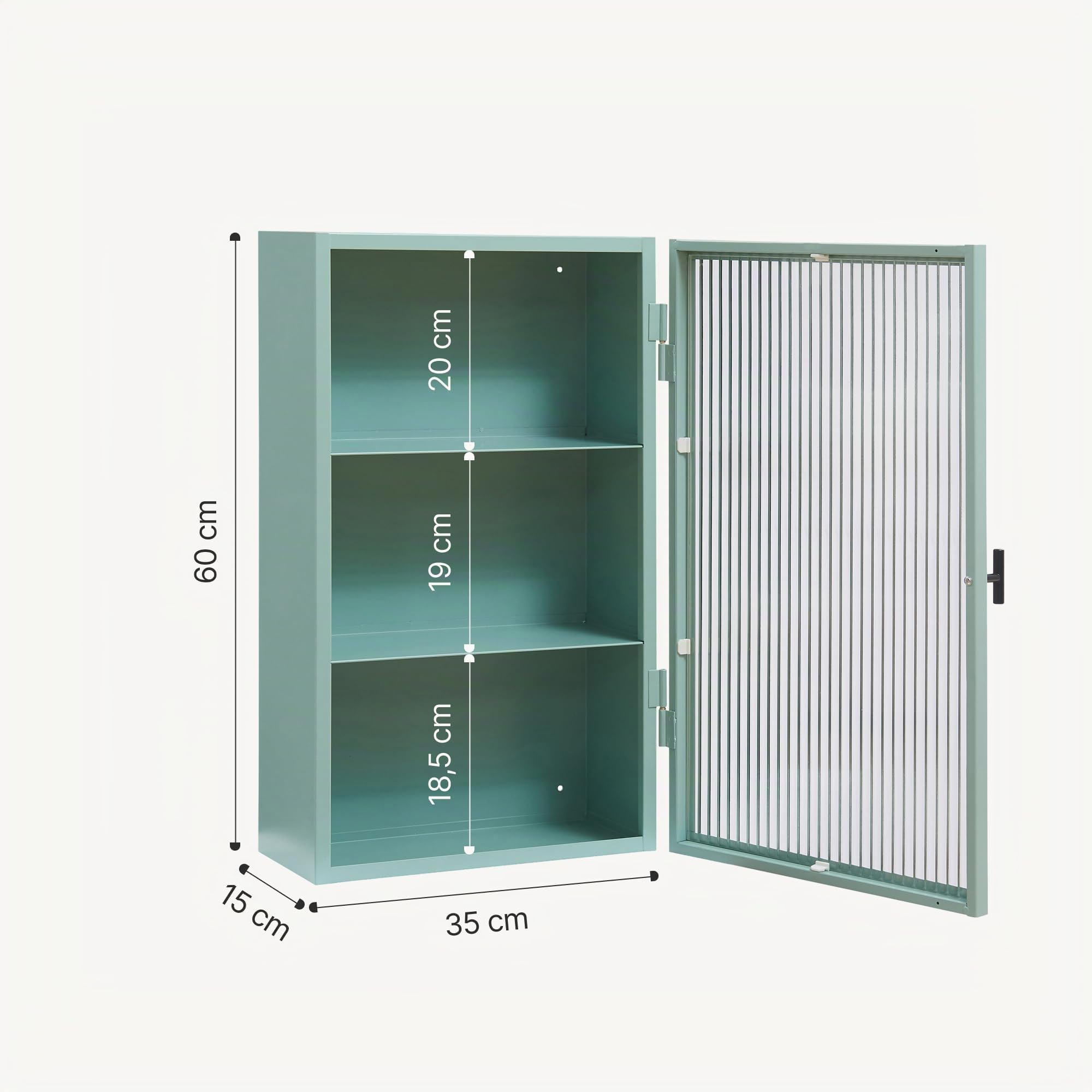 [en.casa] Armario de Pared Zundert Mueble Baño con 1 Puerta de Vidrio Acanalado Mueble Auxiliar de Cocina con 3 Compartimentos Cerrados Acero 60 x 35 x15 cm - Verde Menta