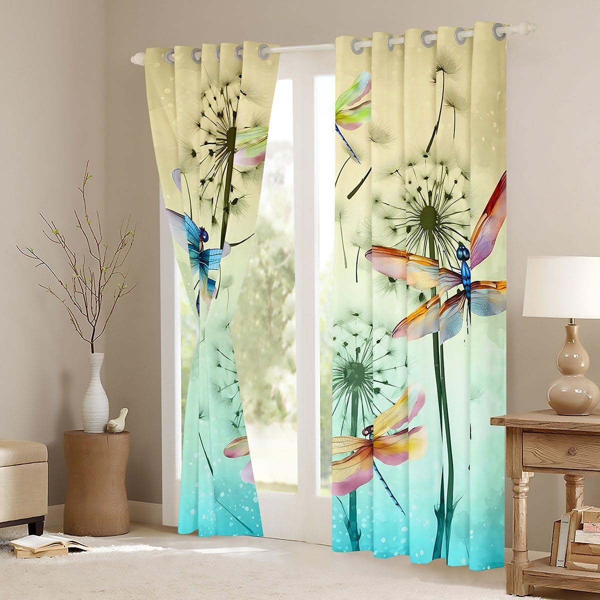 Feelyou Pretty Dragonfly Curtains Boys Girls Dandelion Window Curtains for Bedroom Living Room for Kids Soft Teal Window Drapes Nutrue Window Treatments Room Decor Bedclothes 52W X 84L,2 Panels