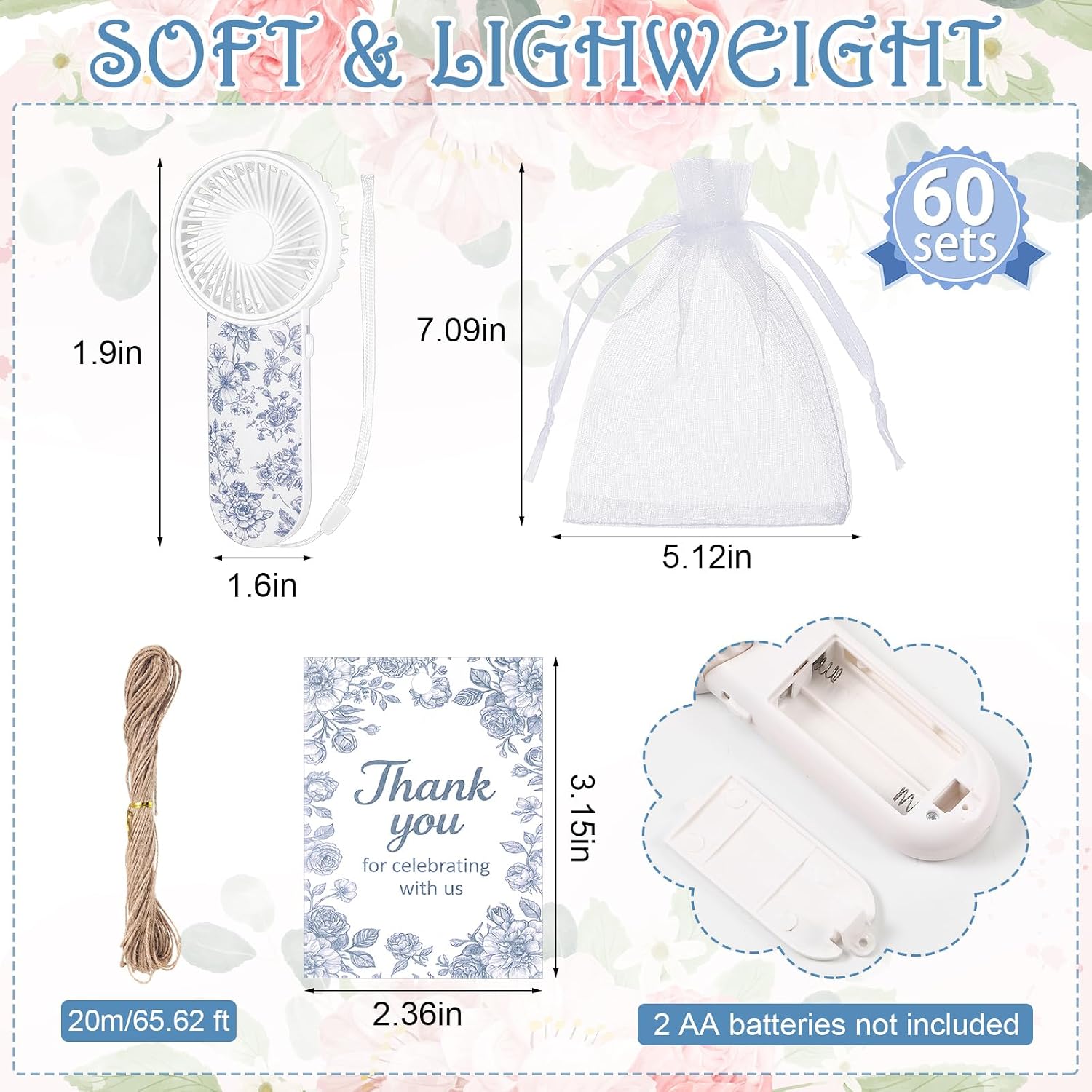 60 Set Portable Wedding Fans Bulk for Guests Mini Handheld Chinoiserie Floral Fan with Lanyard and Thank You Gifts Cards Battery Powered Fans Gift for Wedding Favors, Battery Not Include(Blue)