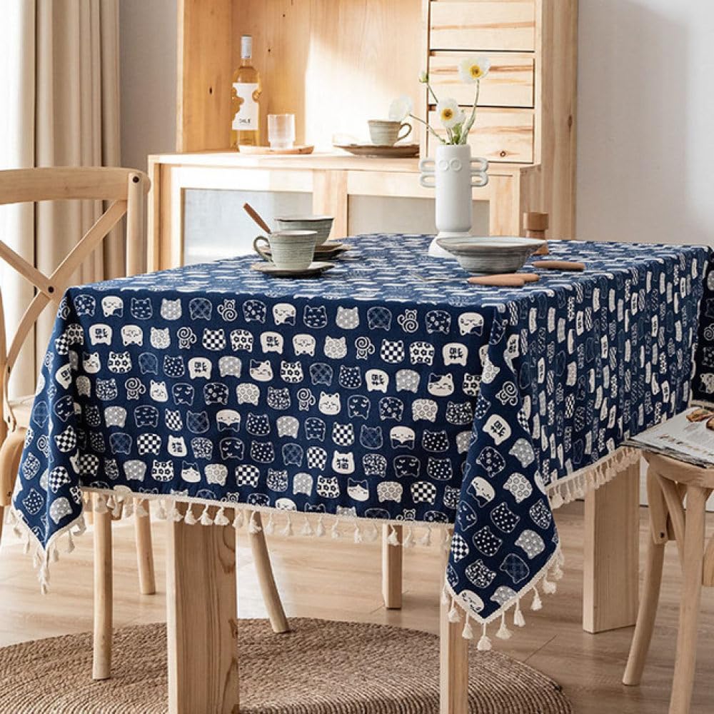 Nappe en lin de coton chat bleu pour dortoir et commode rétro