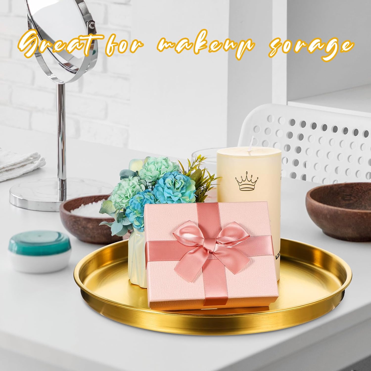 3 Pieces Round Serving Tray Stainless Steel Round Coffee Table Tray Circle Decorative Tray Decorative Vanity Tray Jewelry Makeup Organizer for Bathroom Candle Perfume