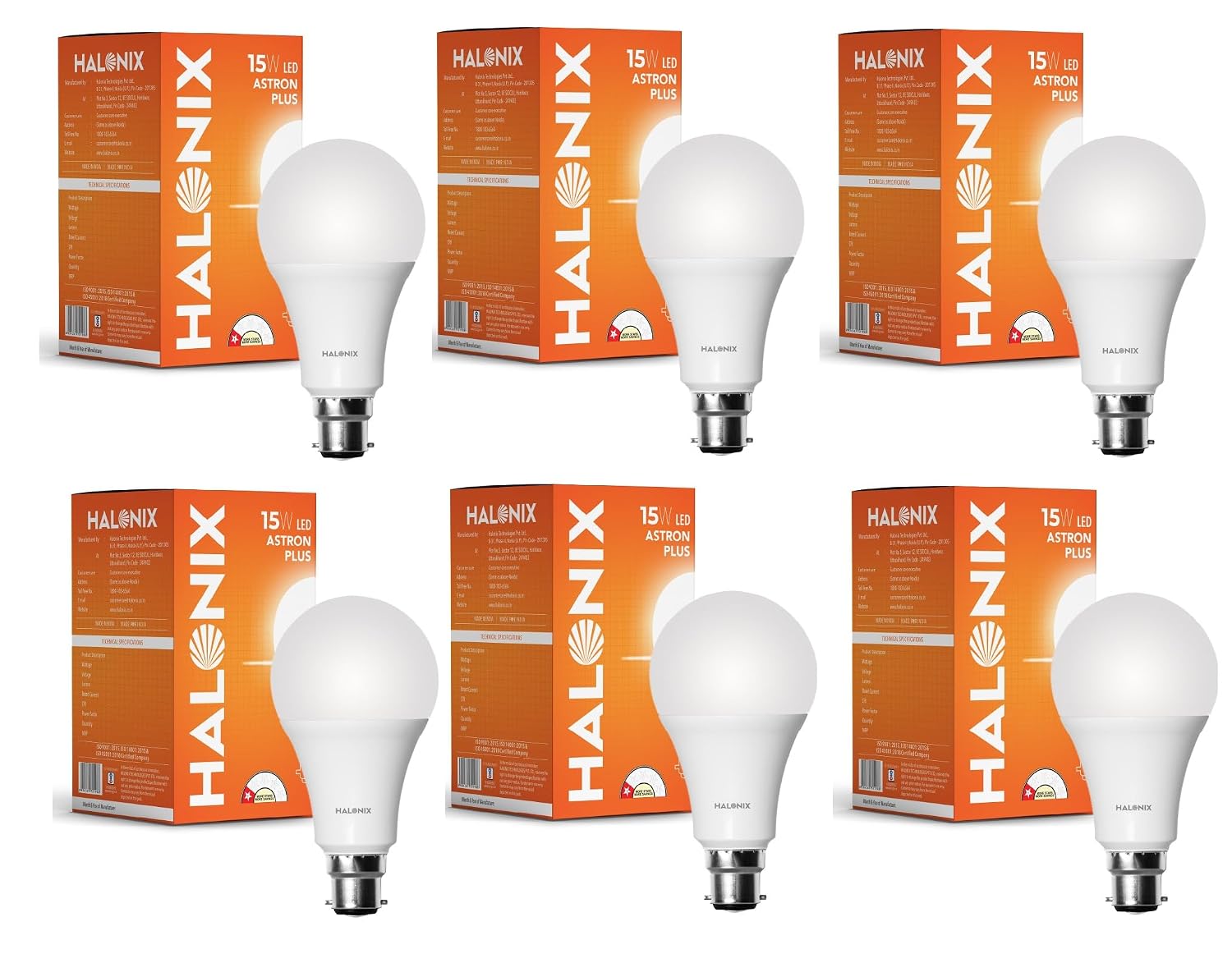 Click to enlarge Halonix 15W Led Bulb | Cool Day Light (6500K)| Base- B22 | Energy Efficient | Surge Protection | Pack of 6