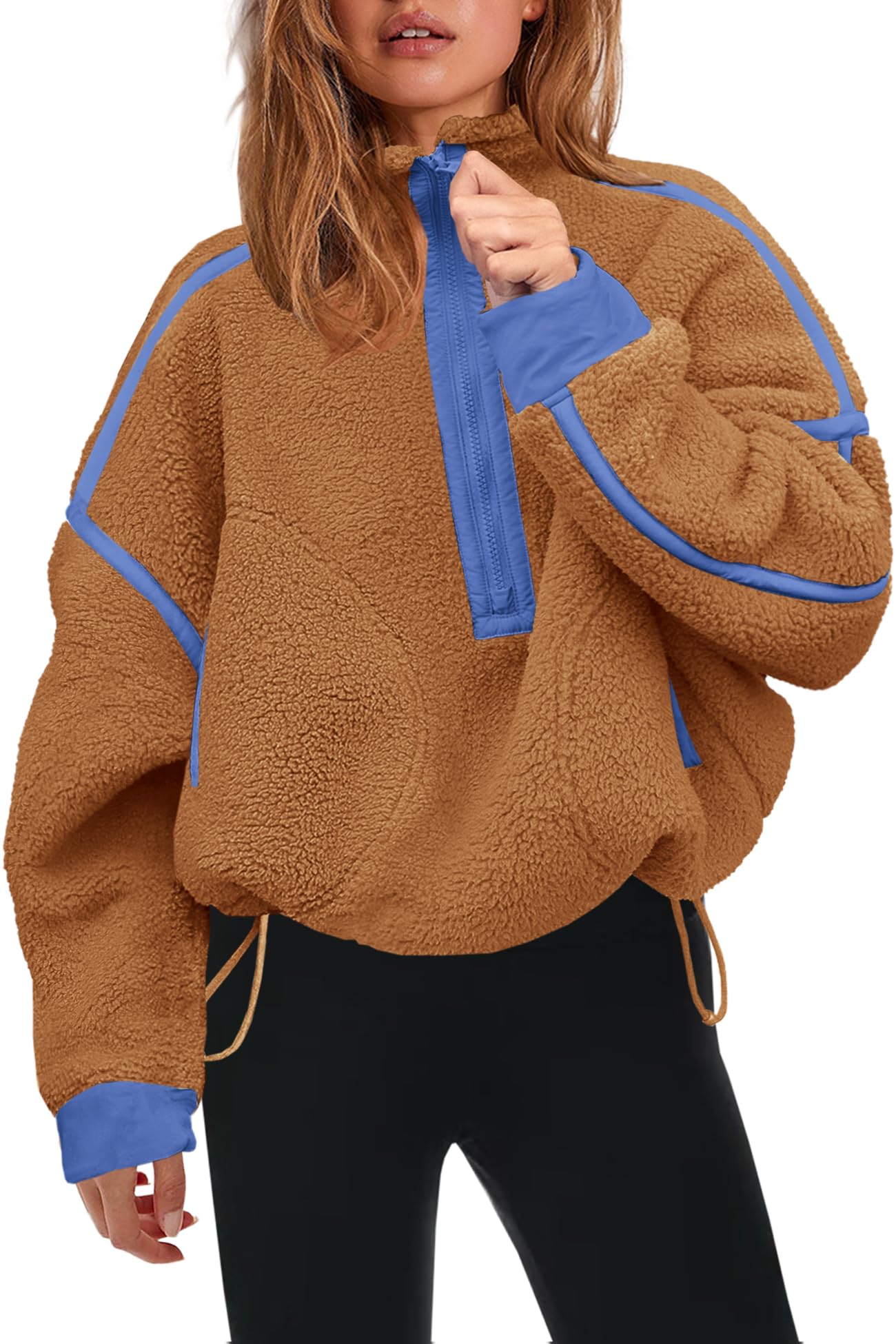 Panadila Womens Half Zip Sherpa Fleece Pullover Soft Oversized Sweatshirt with Pockets Warm Fuzzy Sweater, Clay Brown Combo, Medium