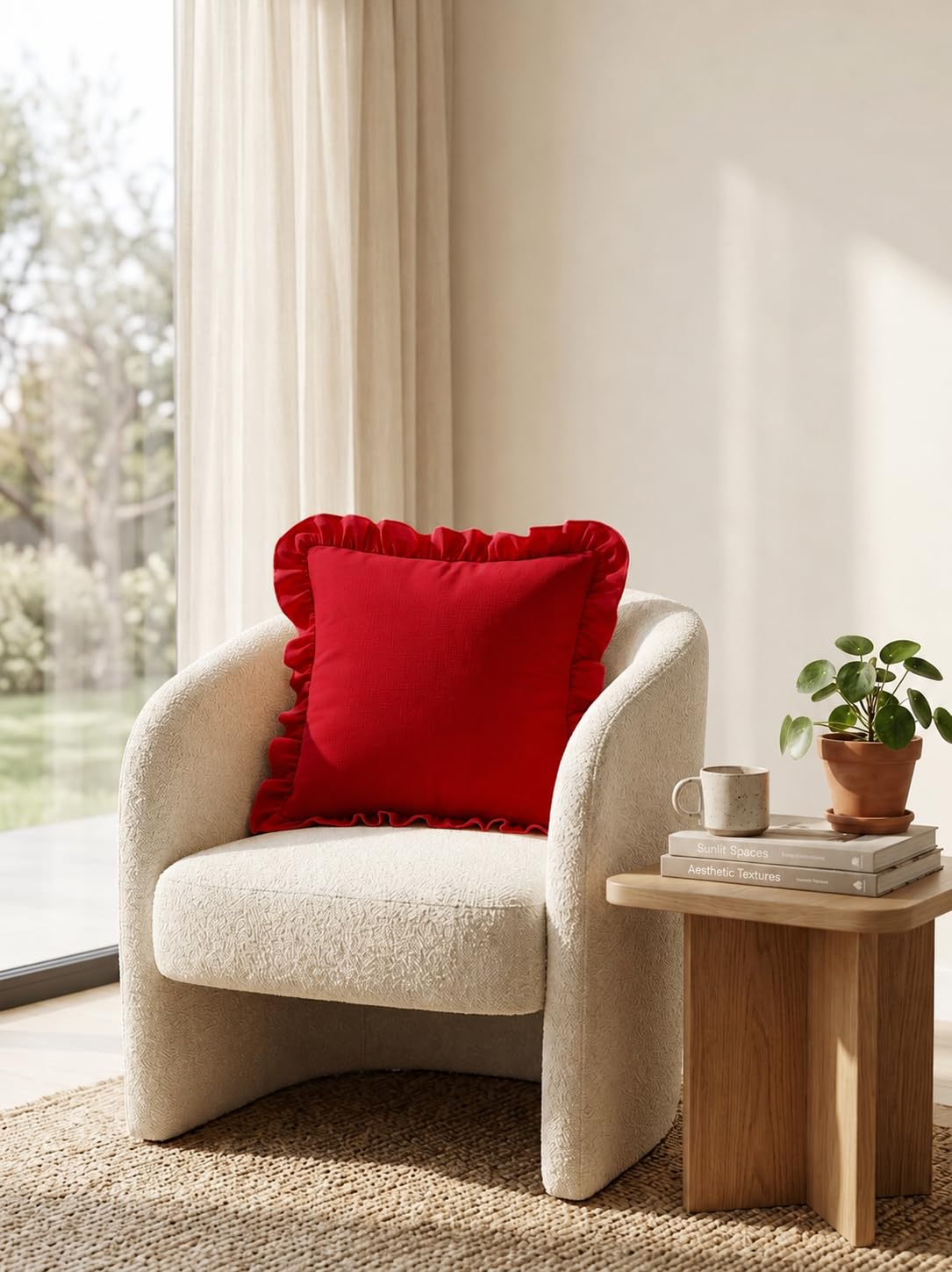 Red Frill Cushion Cover 16x16 Inches - Aesthetic Ruffle Throw Pillow Case Pure Cotton Decorative Cushion Cover for Sofa Bed, Living Room & Cottagecore Decor (1 Piece, 40x40 cm)-image-30