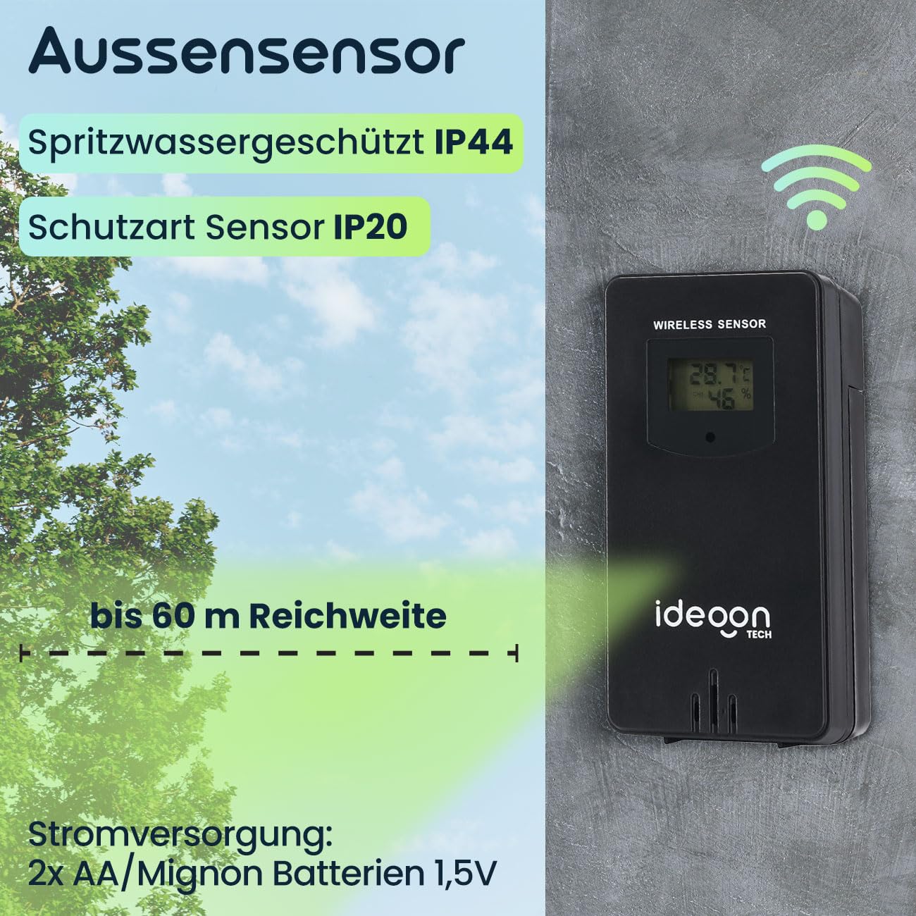 ideoon WLAN Funk Wetterstation mit XXL-Farb-Display – 5 Tage Wettertrend, Thermometer/Hygrometer, Feinstaub & UV-Index, Barometer, Tuya App