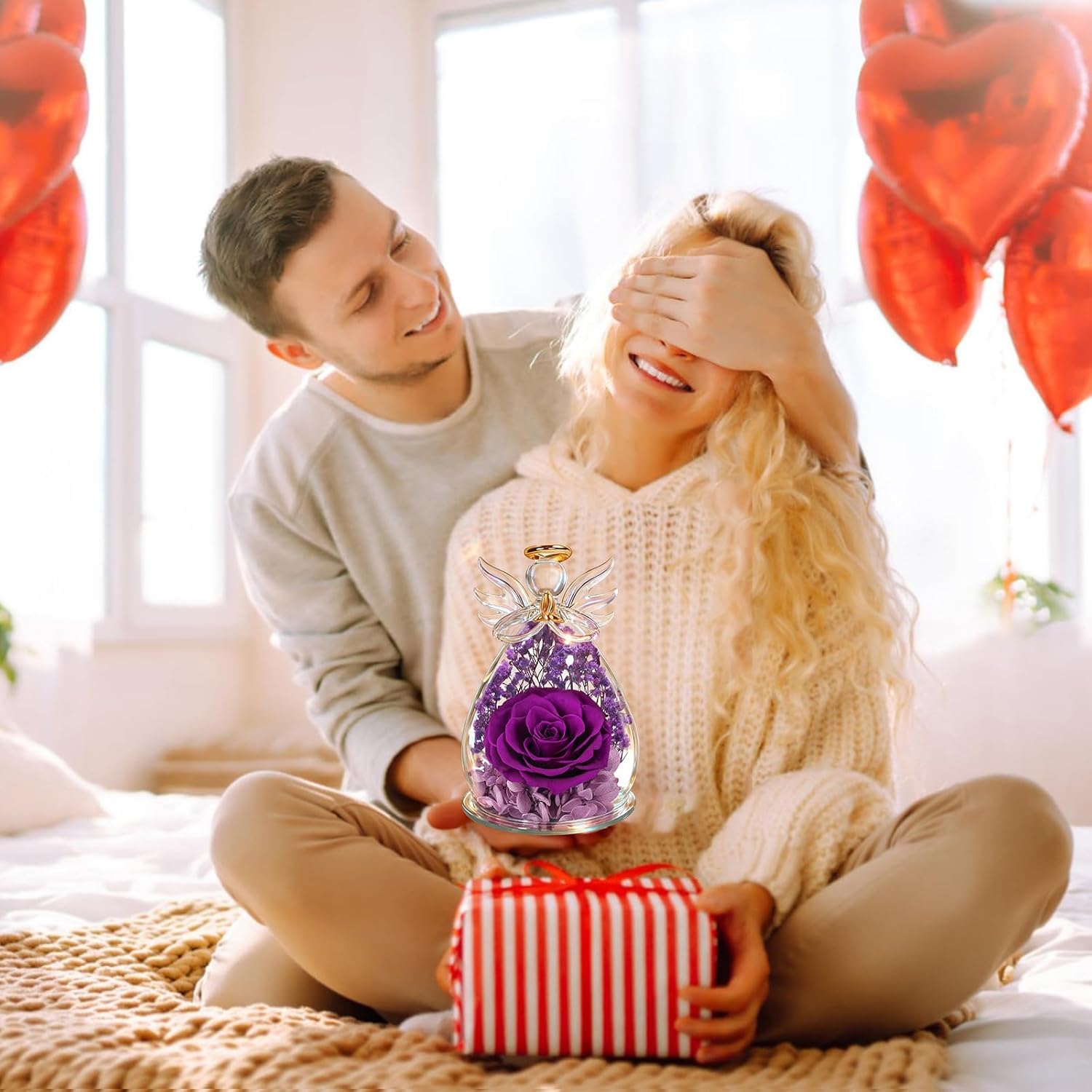 Valentines Day Rose Gifts for Her Birthday Gift for Women Mom, Flowers for Delivery Preserved Flowers Forever Eternal Rose in Glass Angel Figurine Valentine Gifts for Daughter Wife Girlfriend Purple - Image 5