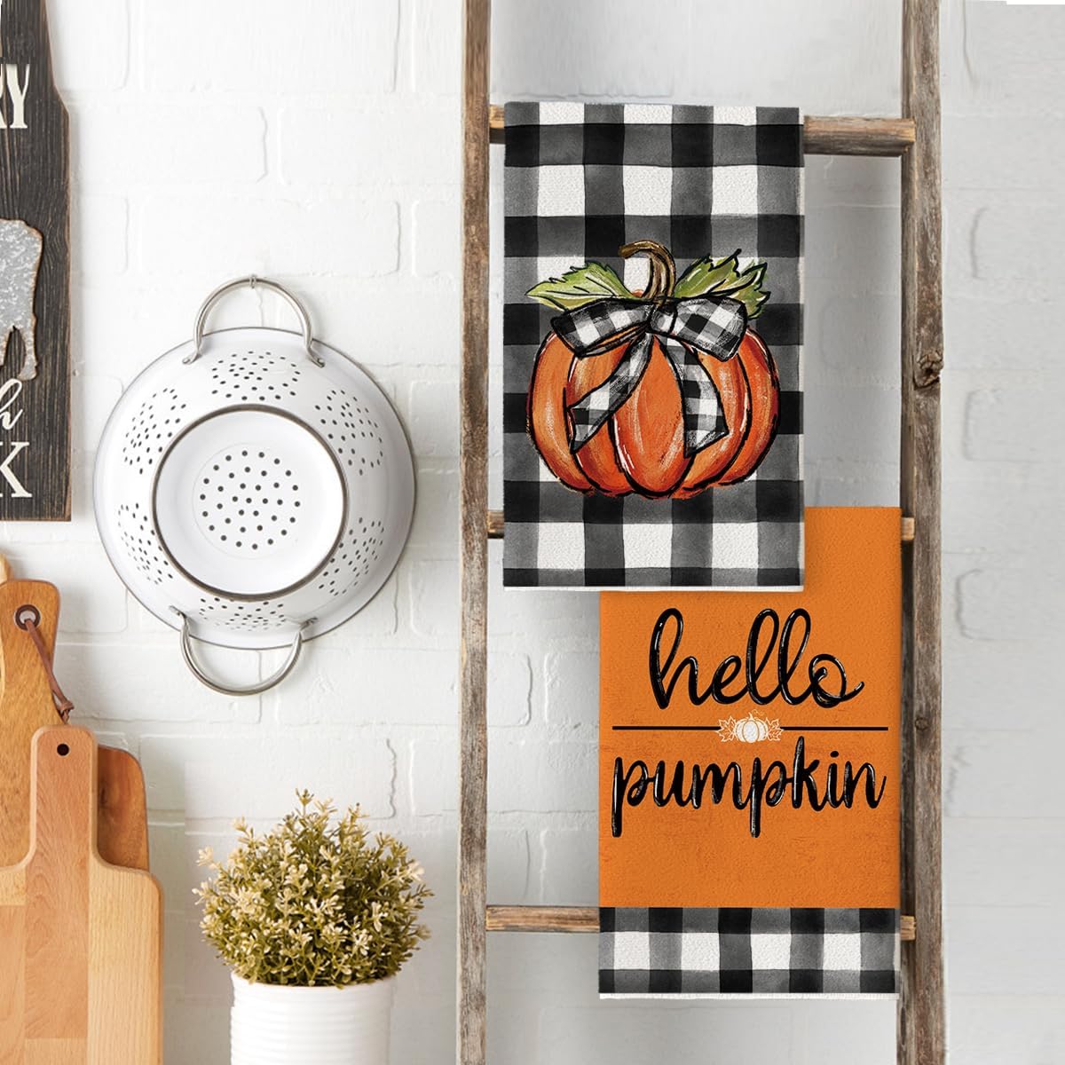 Artoid Mode Buffalo Plaid Hello Pumpkin Fall Kitchen Towels Dish Towels, 18x26 Inch Farmhouse Thanksgiving Decoration Hand Towels Set of 2 - Image 3