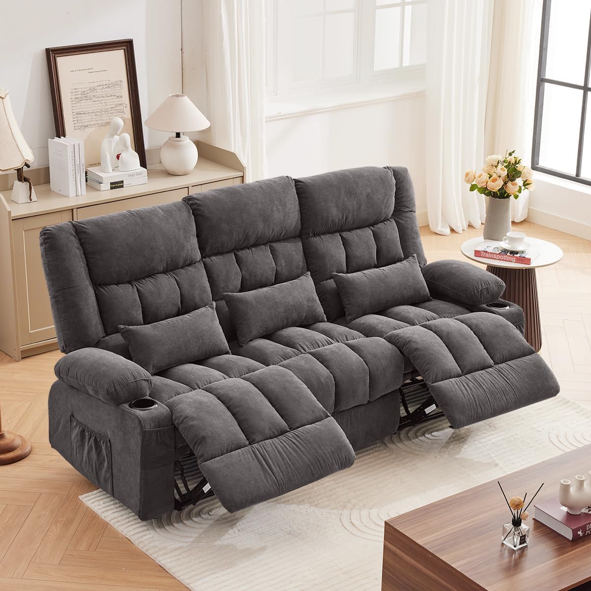 MAHOMICO Recliner Sofa with Cup Holders for Living Room 3 Seat Manual Oversized Recliner Chiar with Ergonomic, Side Pocket for Adult view 9