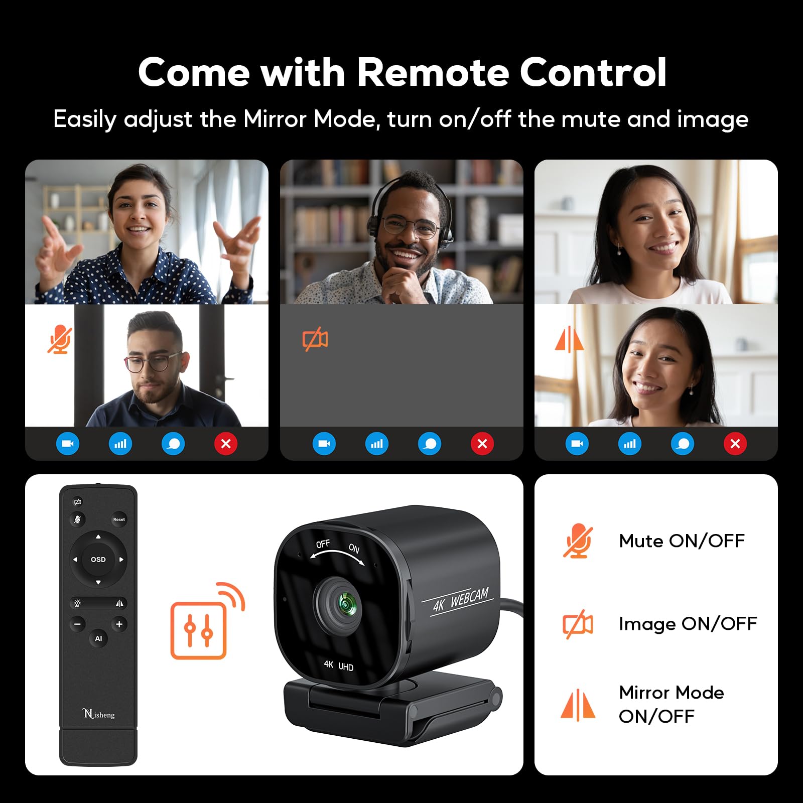 Nisheng 4K Webcam, Streaming Camera for PC with 2 Noise-Canceling Microphones, USB Webcam for Laptop, Built-in Privacy Cover, Plug & Play Camera for Zoom, Teams, Streaming, and Gaming Recording