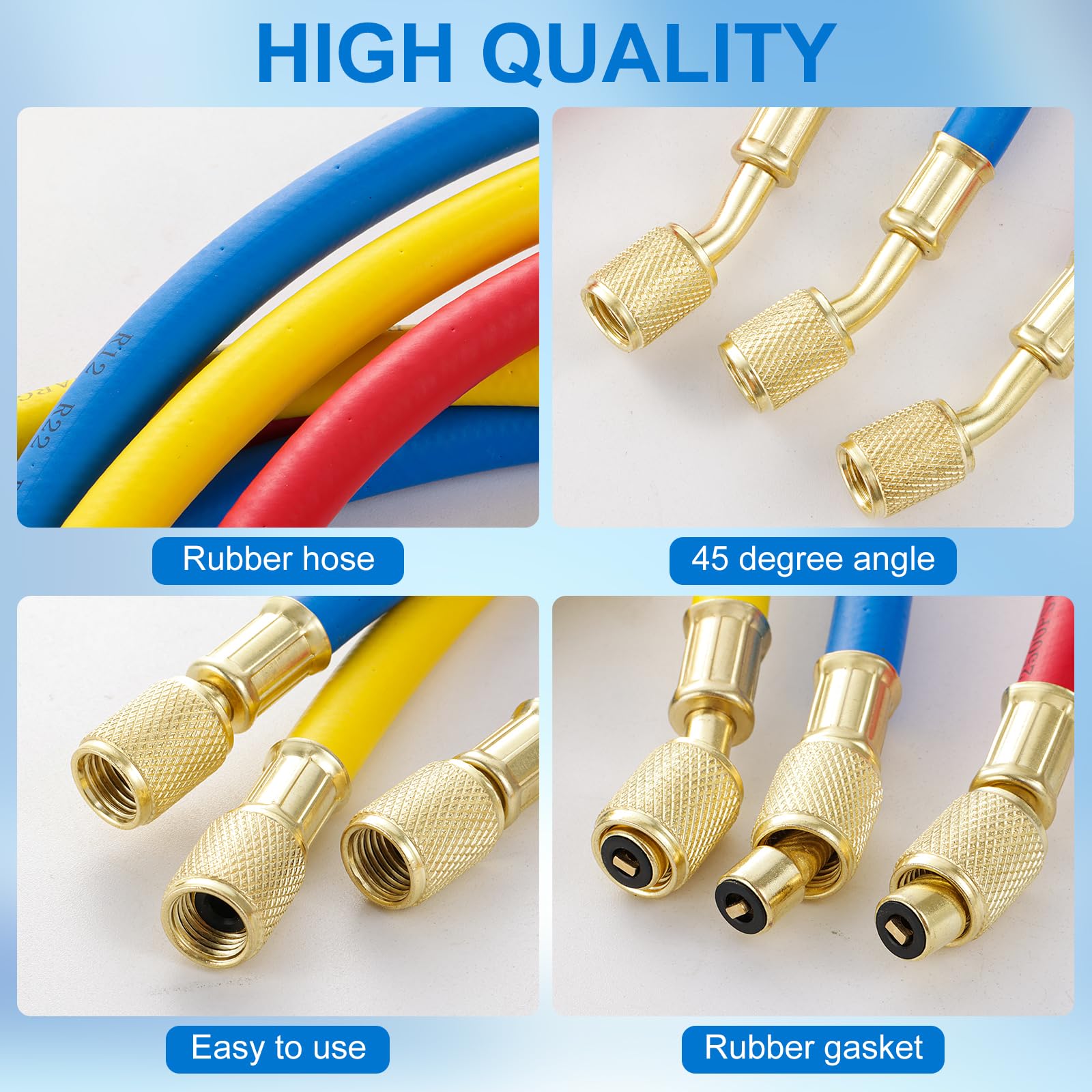 Kit de manguera de manómetro de CA de 3 piezas, mangueras de carga de refrigerante R410A 1/4 SAE, kit de manguera de manómetro de CA de 5 pies para manguera de carga de aire acondicionado