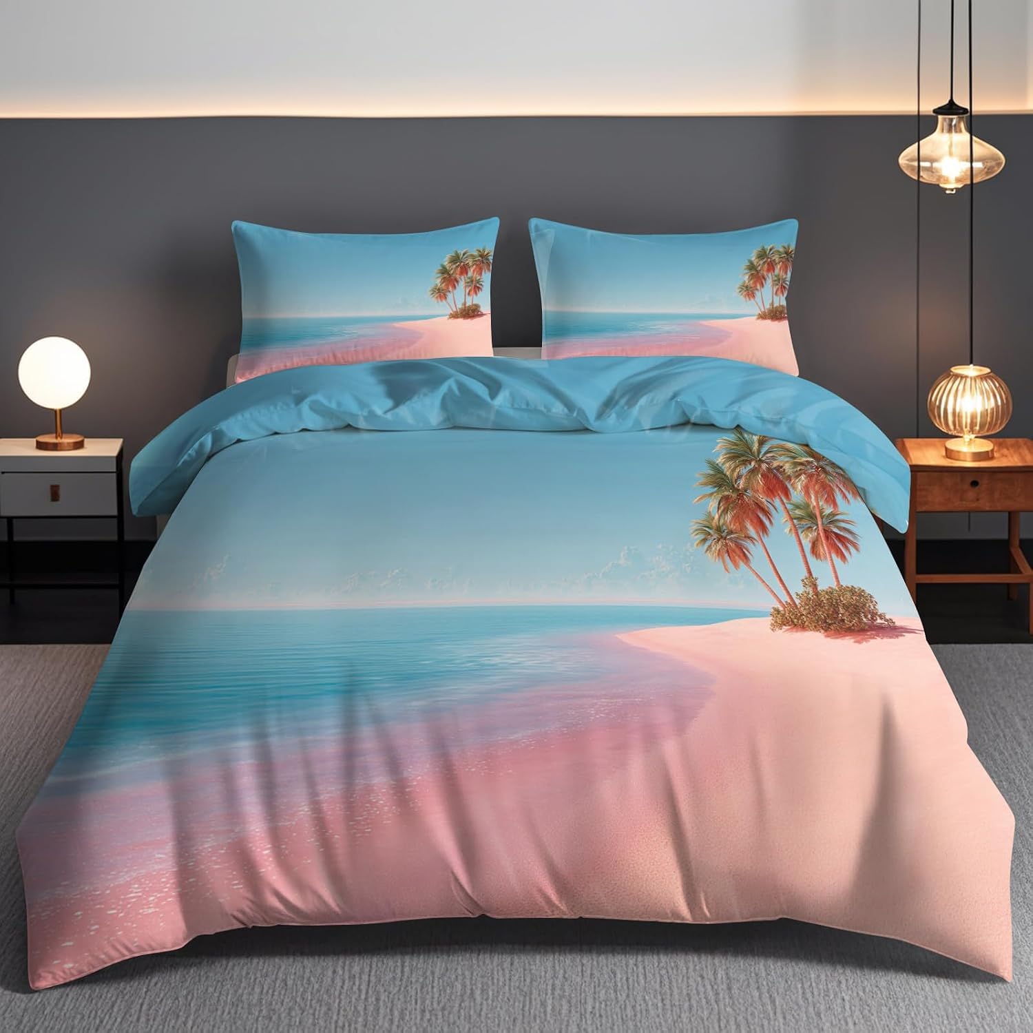 Funda Nórdica Cama 105 Palmeras De Playa Reversible Funda de Edredón 135 x 200 cm Isla Tropical Juego de Ropa de Cama 3 Piezas en Microfibra Transpirable con Cremallera y 2 Fundas d-1024